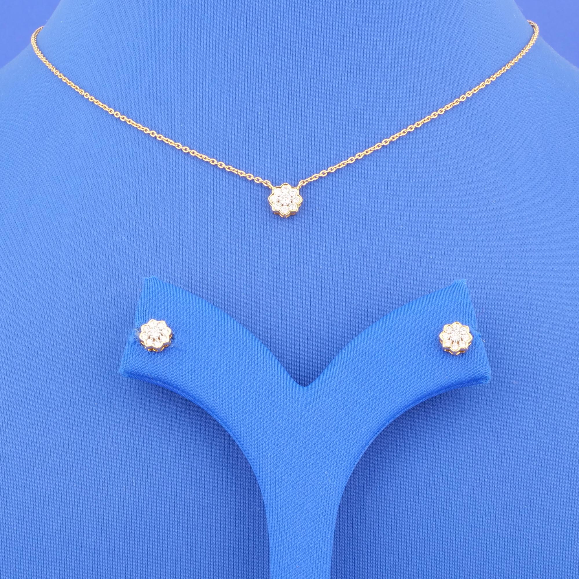 18K Yellow Gold Diamond 'Flower' Necklace and Earrings Set
