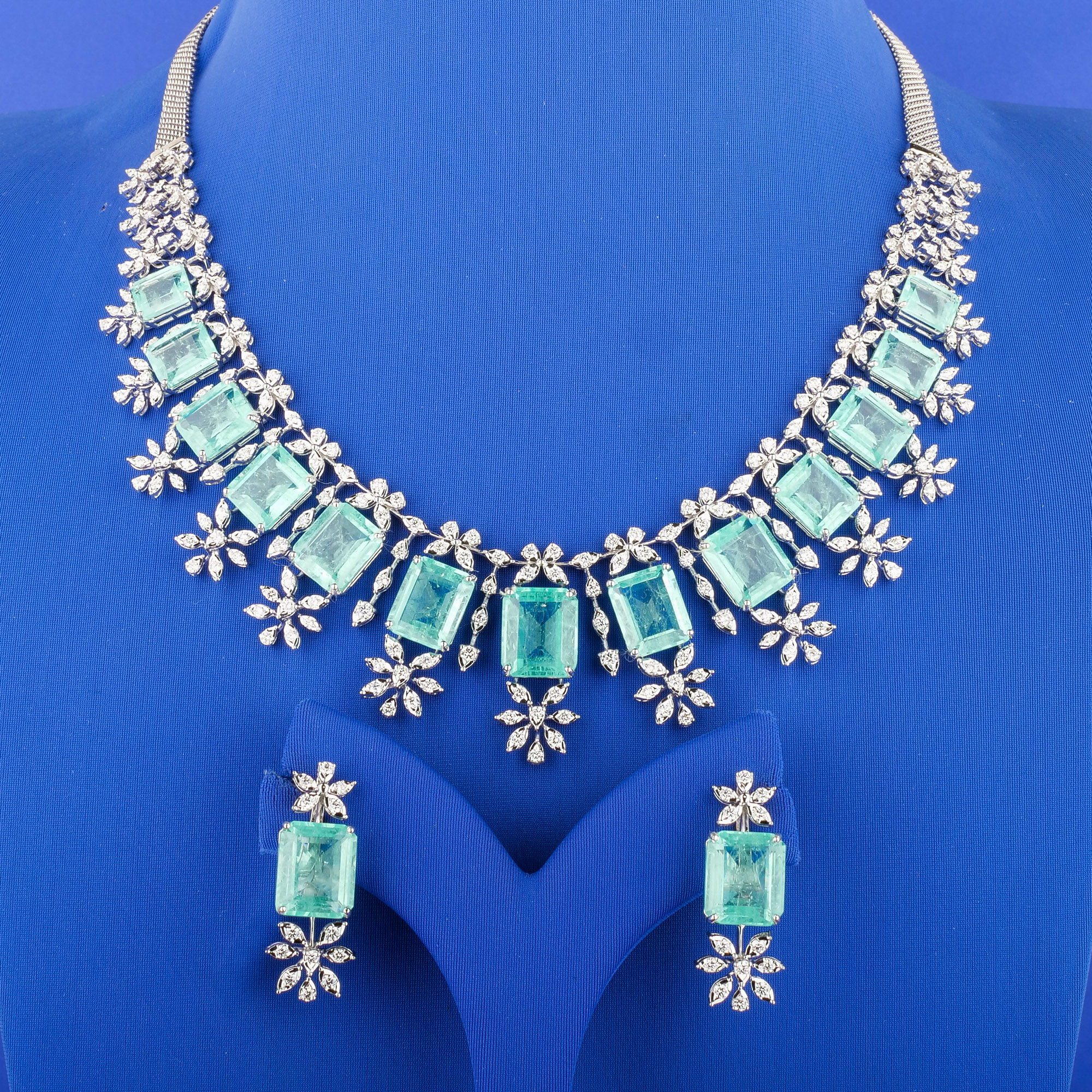 18K White Gold Diamond Necklace and Earrings Set w/ Russian Emeralds