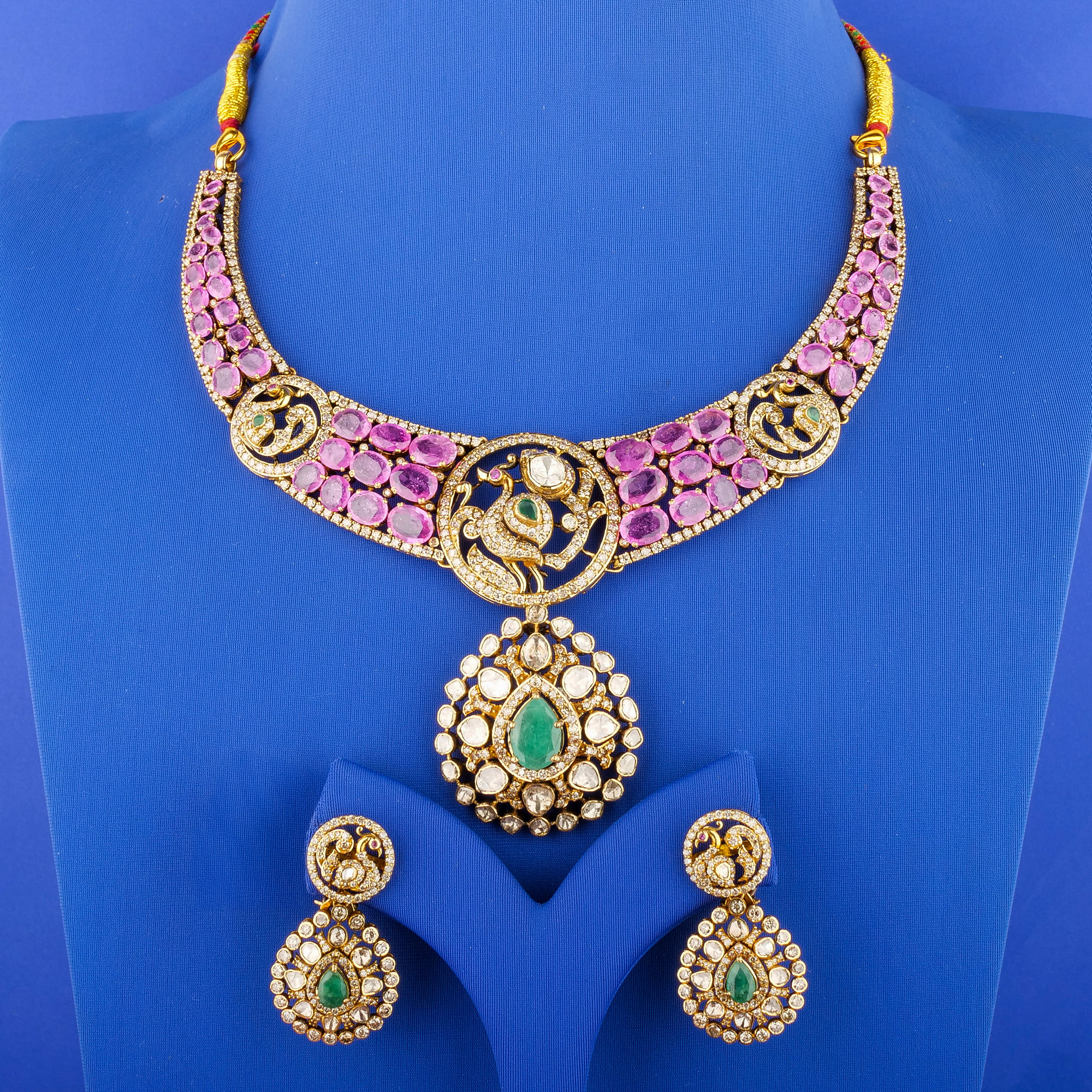 18K 'Victorian' Diamond/Polki Diamond Necklace and Earrings Set w/ Emeralds and Rubies