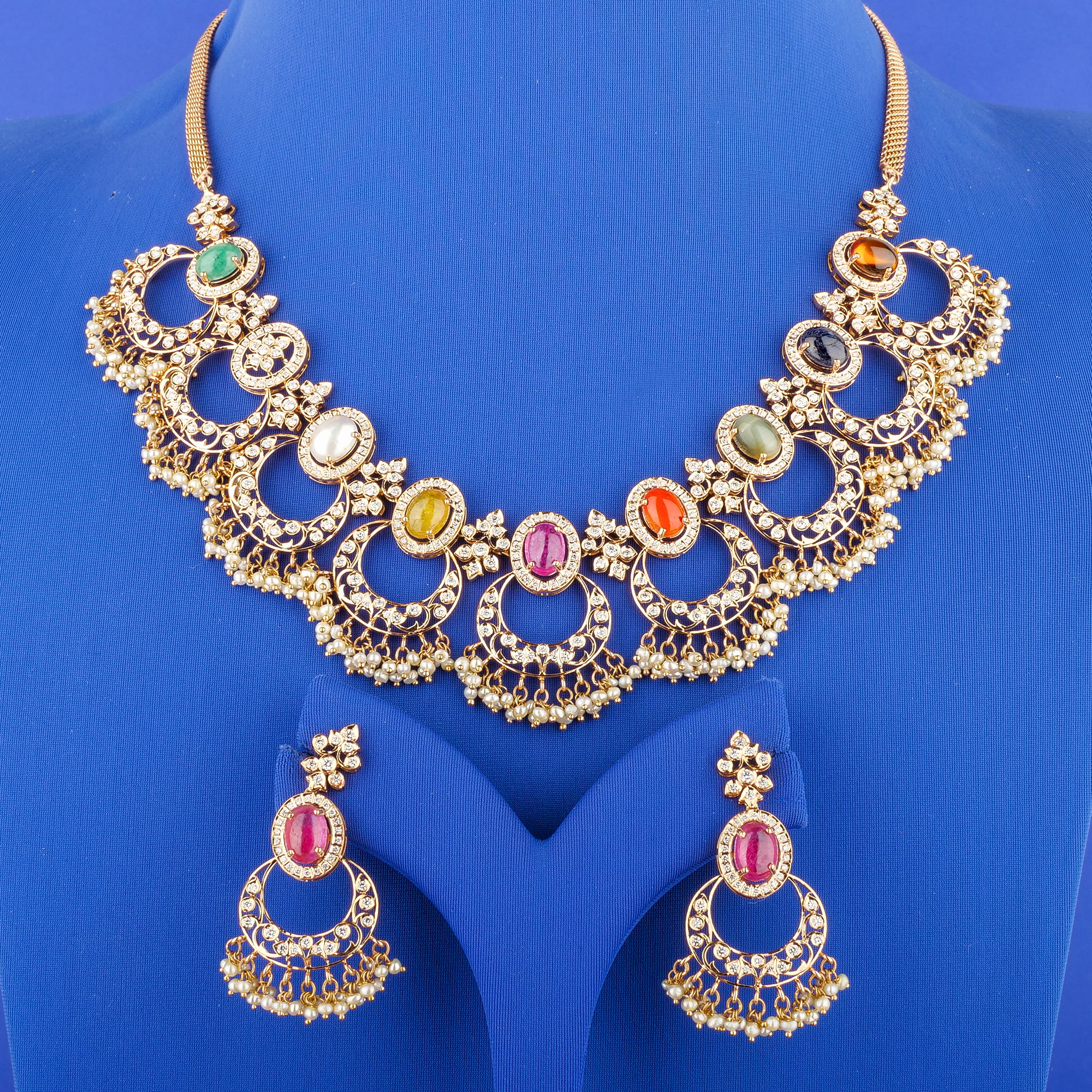 18K Gold Diamond Necklace Earrings Set w/ Navratna Stones