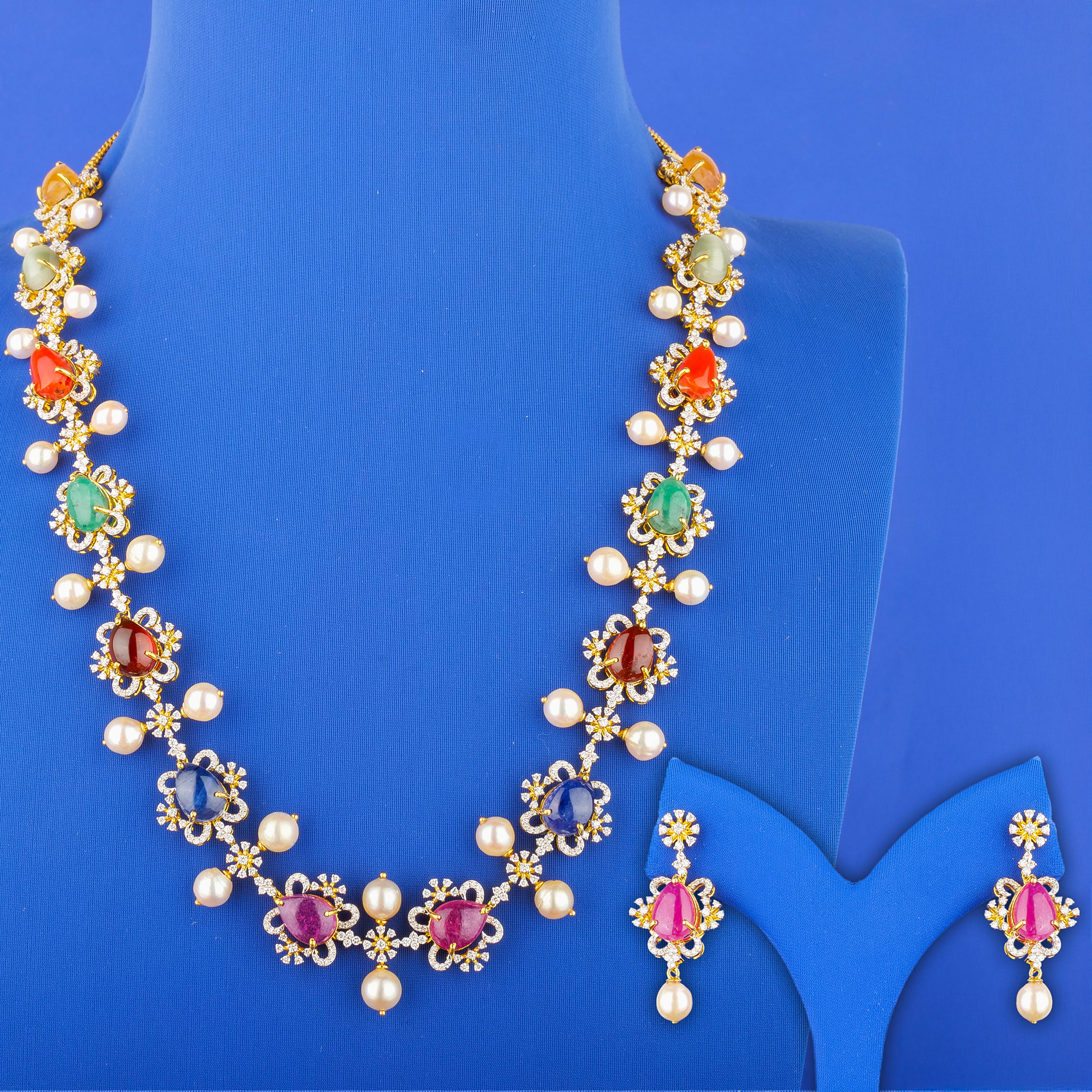 18K Yellow Gold Diamond Navaratna Necklace and Earrings Set