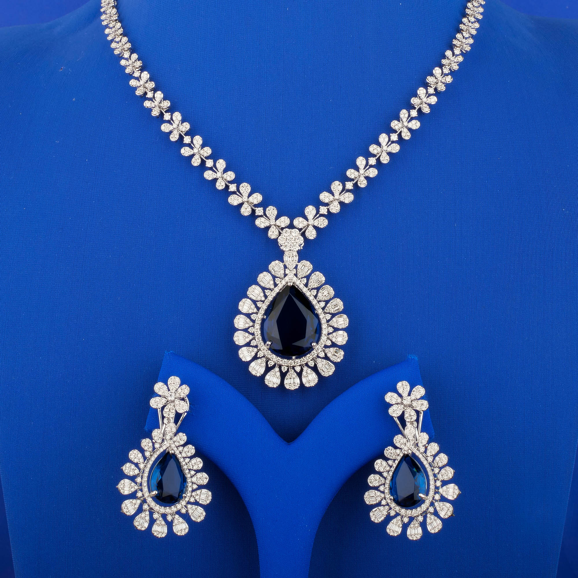 18K WG Diamond NE Set w/ Blue Stones