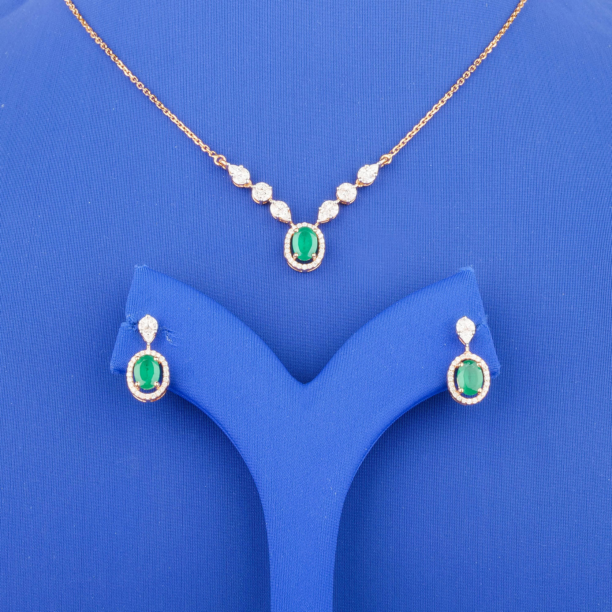 18K Rose Gold Diamond Necklace and Earring Set w/ Green Onyx