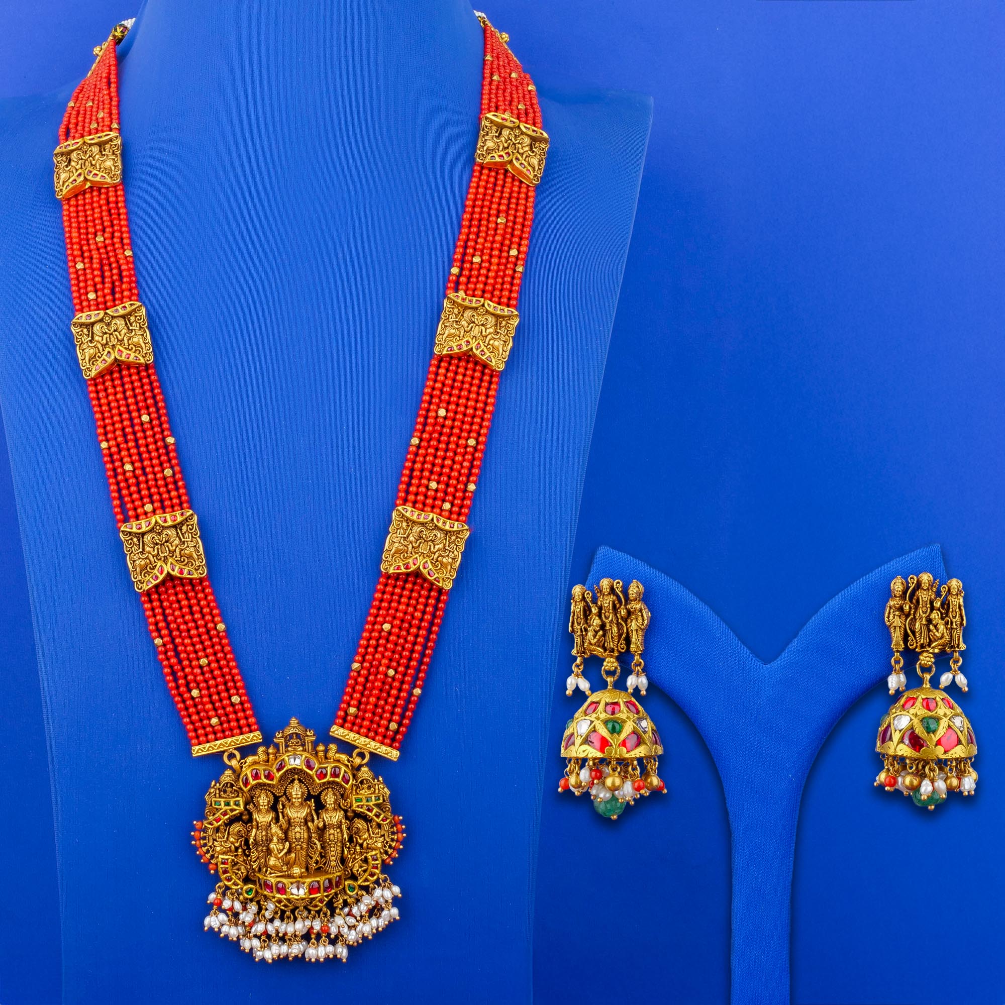 22K 'Antique' Polki Diamond 'Ram Parivaar' Coral Necklace and Earring Set