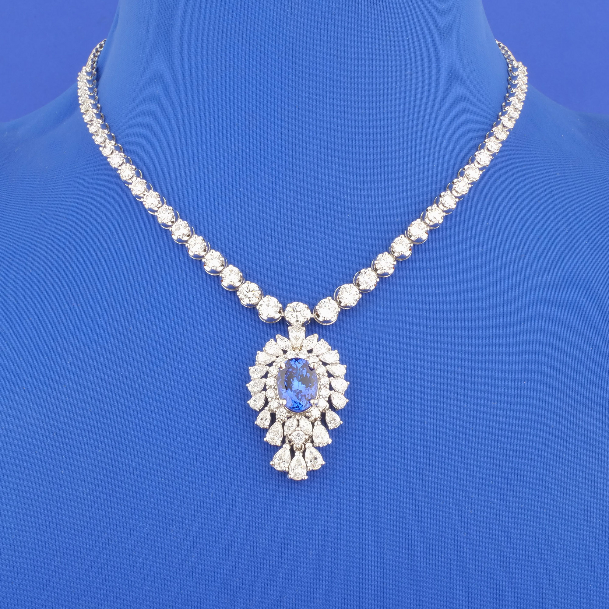 18K White Gold Solitaire Tanzanite Necklace w/ GIA Cert. Diams.