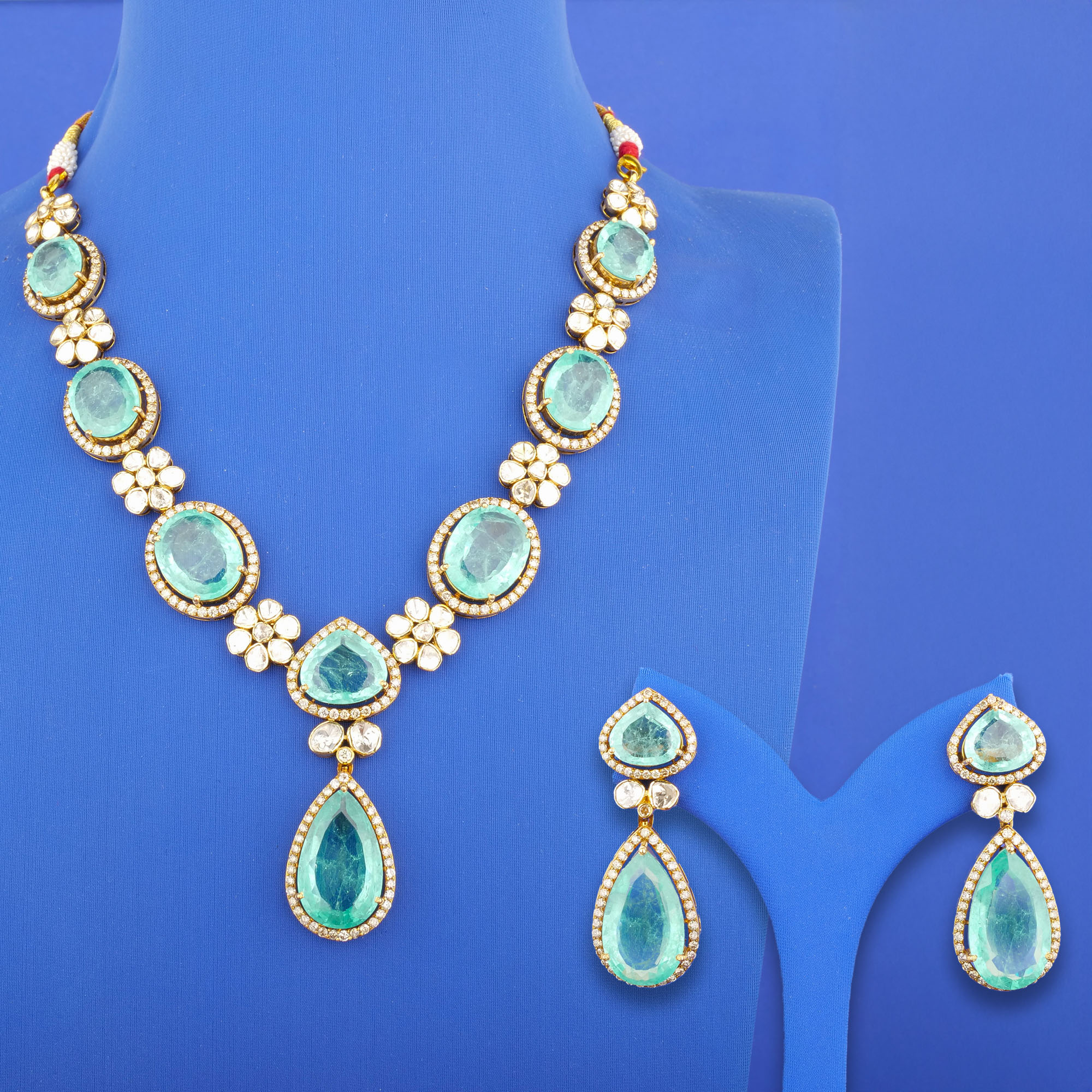 18K 'Victorian' Diamond/Polki Diamond Necklace and Earrings Set w/ Emeralds (Treated) (Cat. #2)