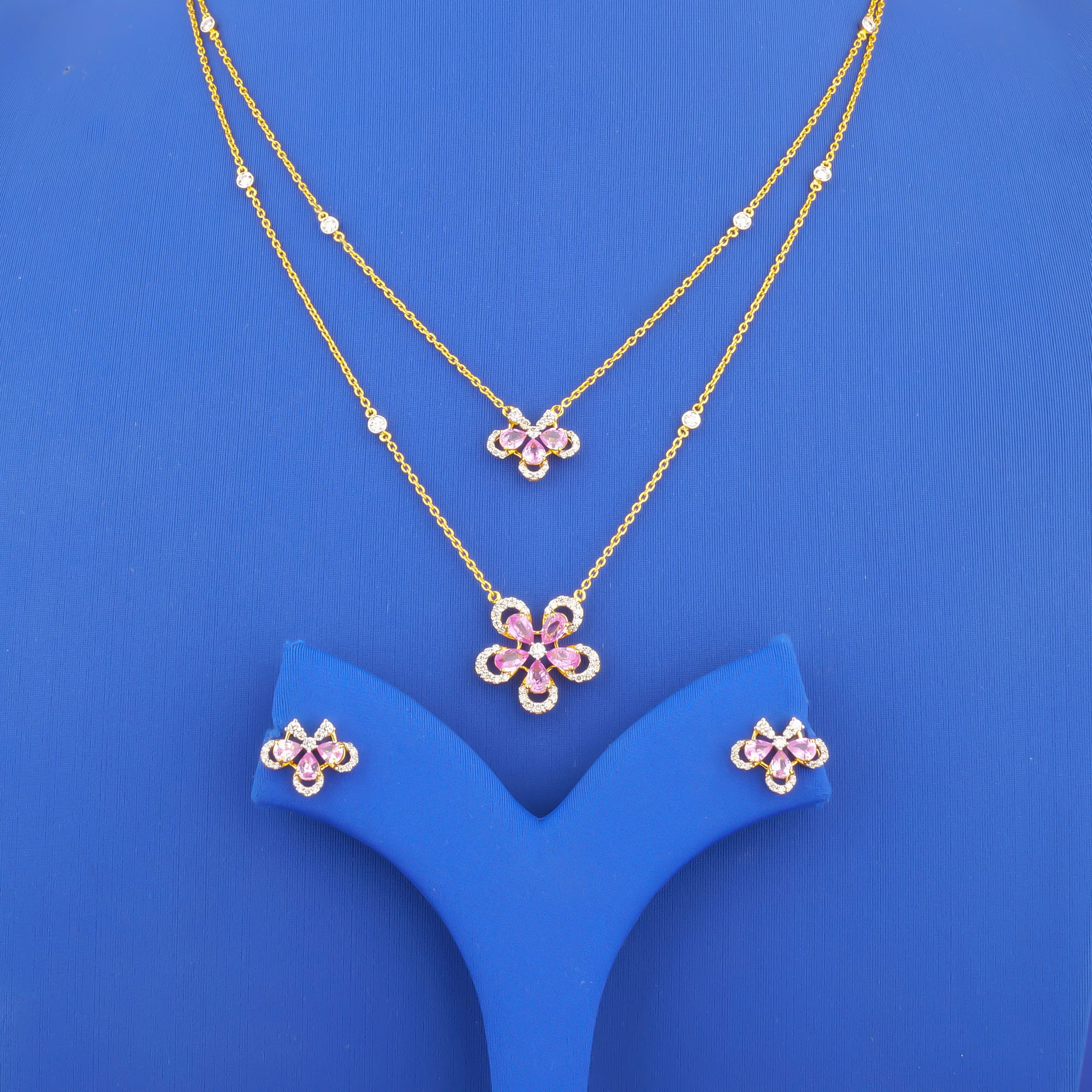 18K Yellow Gold Diamond Necklace and Earrings Set w/ Pink Sapphires