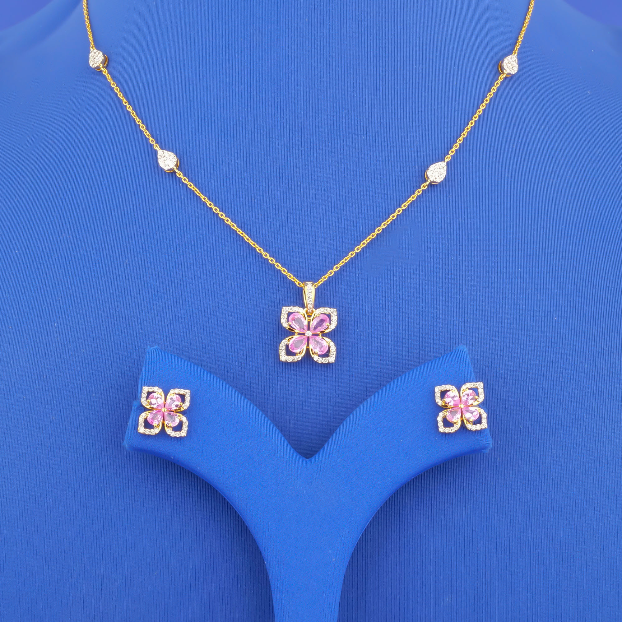 18K Yellow Gold Diamond Necklace and Earrings Set w/ Pink Sapphires