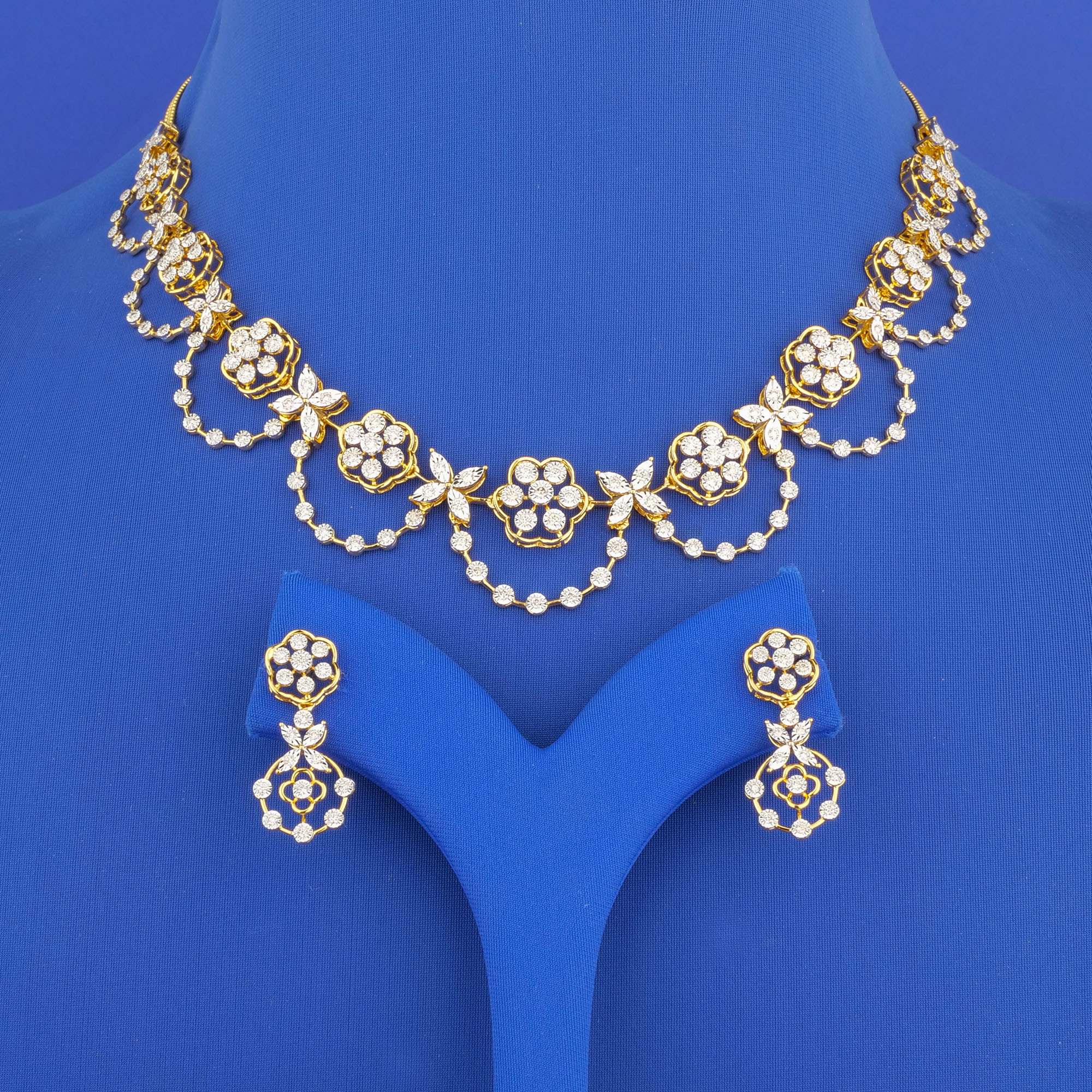 18K Yellow Gold Diamond Necklace and Earrings Set