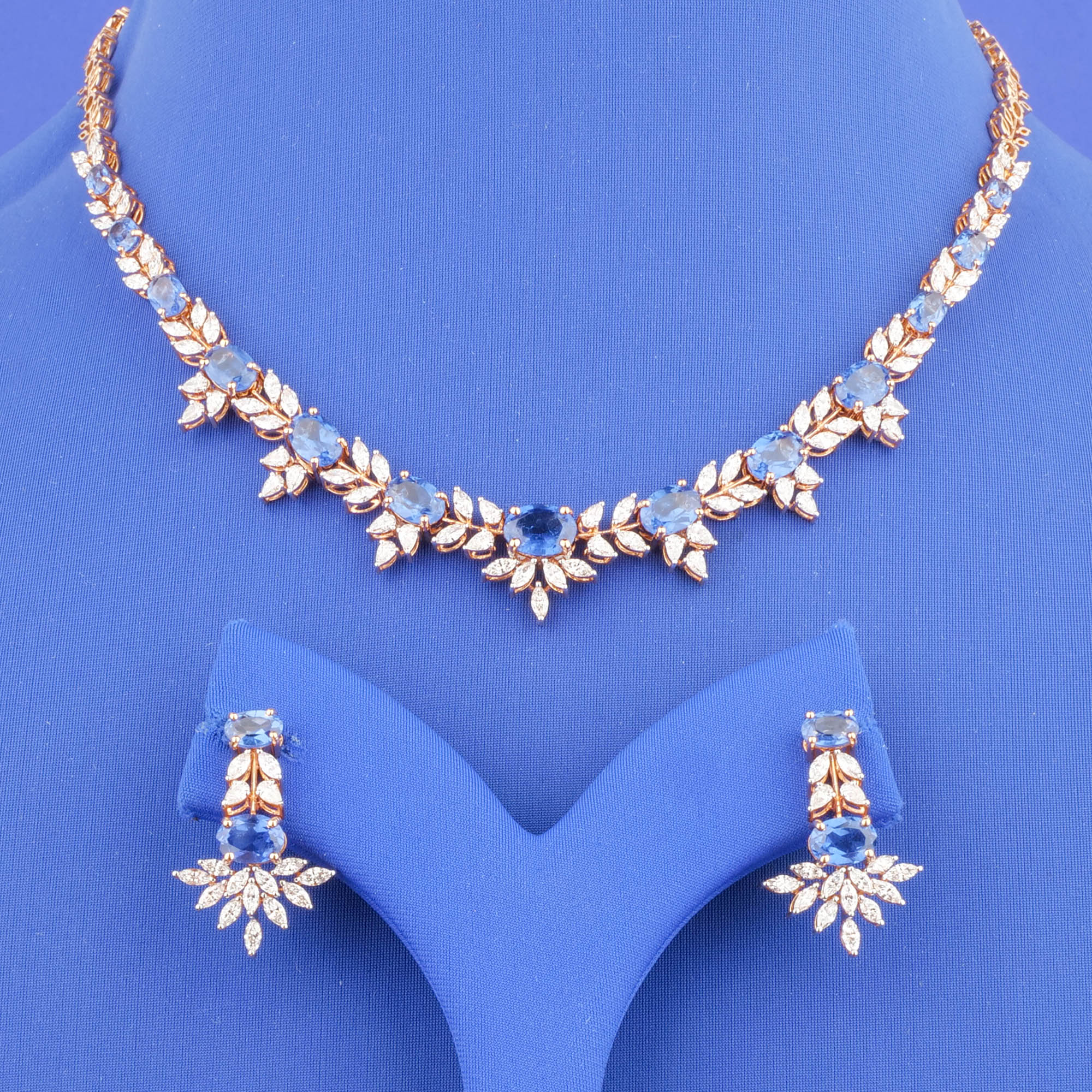 18K Rose Gold Diamond Blue Sapphire Necklace and Earrings Set