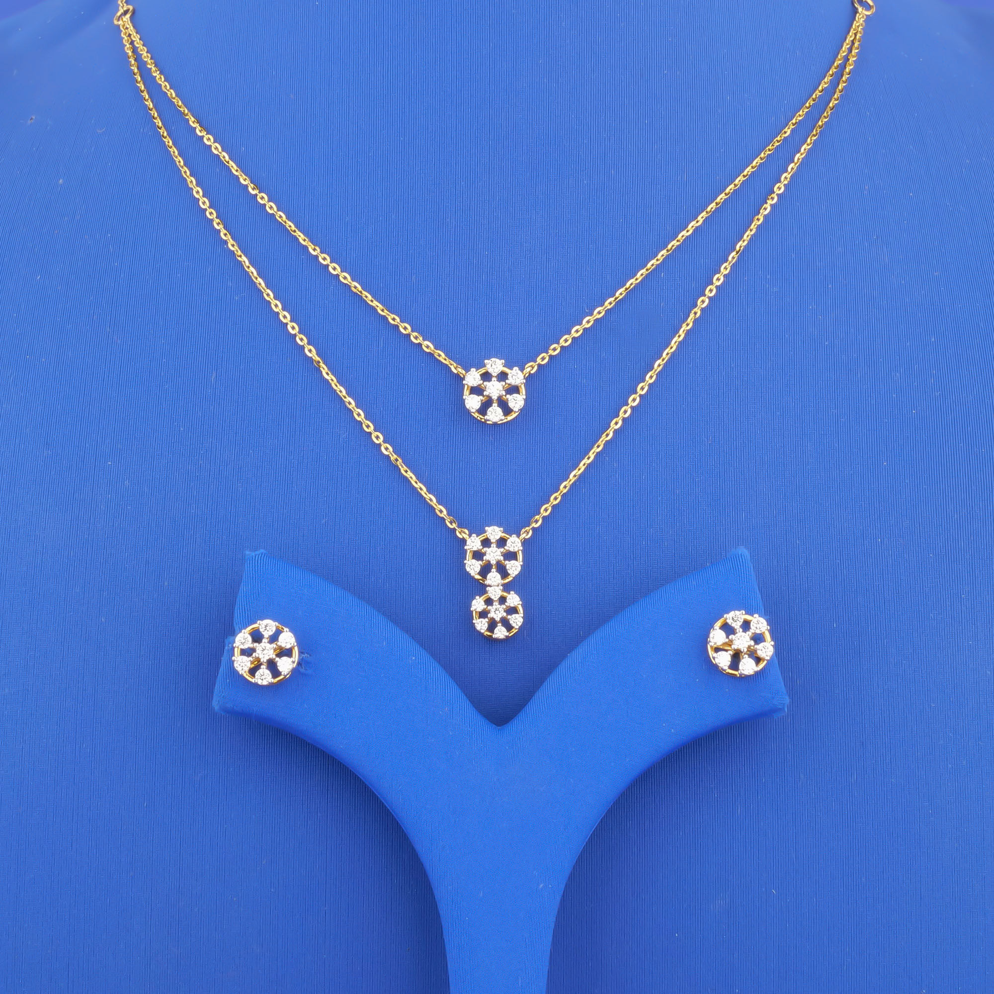 18K Yellow Gold Diamond Necklace and Earrings Set