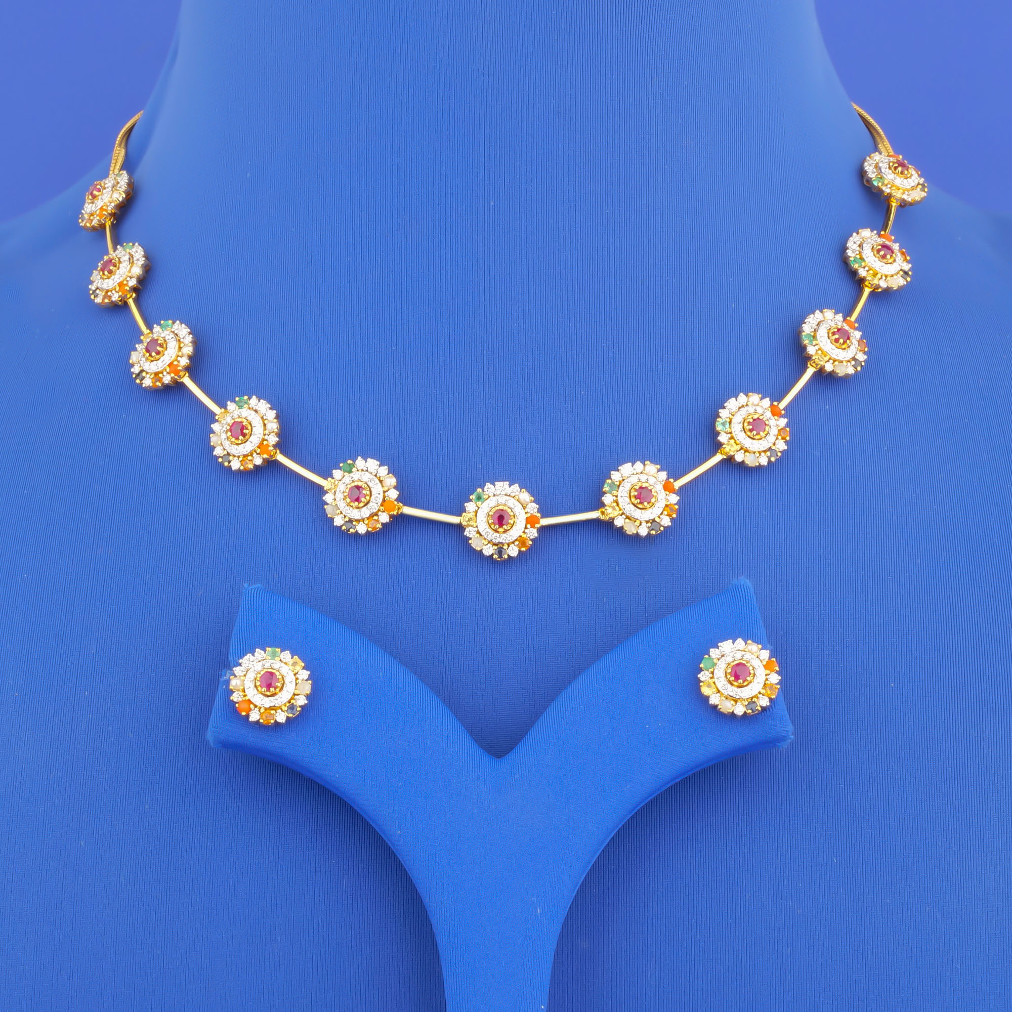 18K Yellow Gold Diamond Navaratna Necklace and Earrings Set