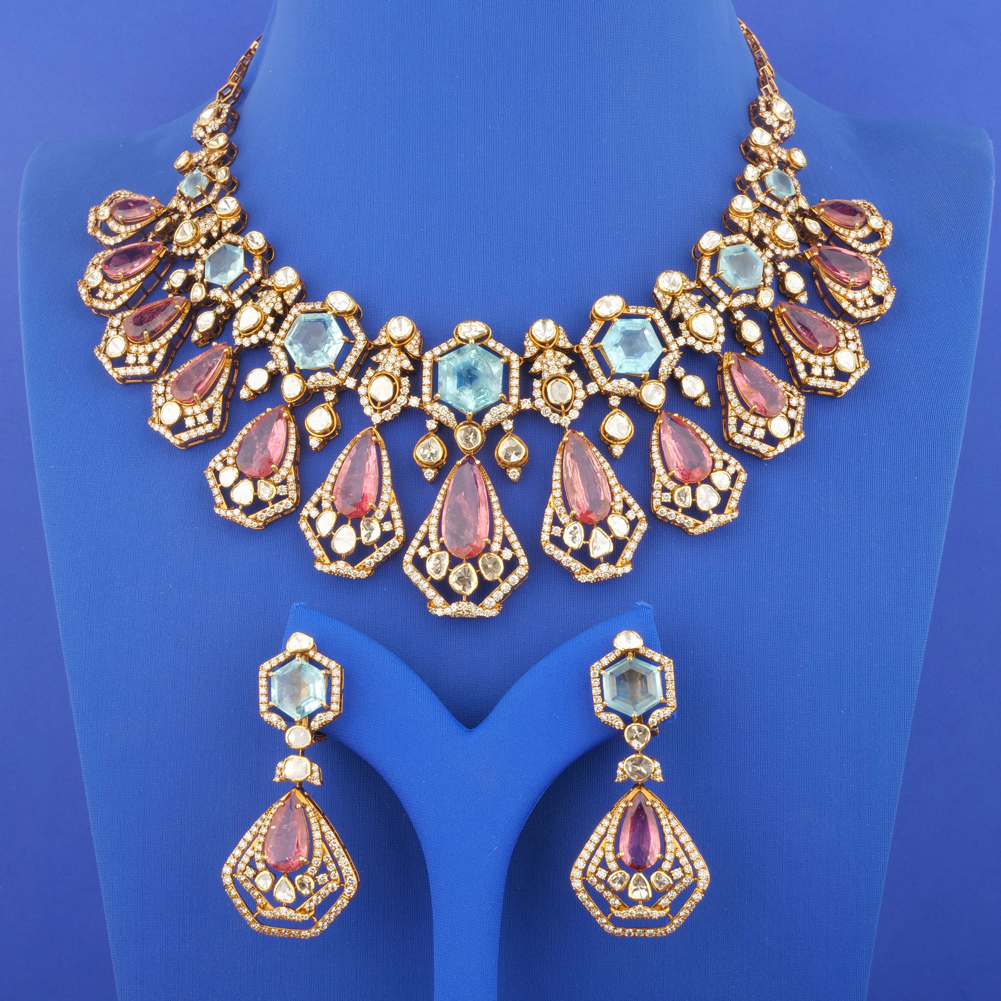 18K 'Victorian Diamond/Polki Diamond Aquamarine Tourmaline Necklace and Earrings Set