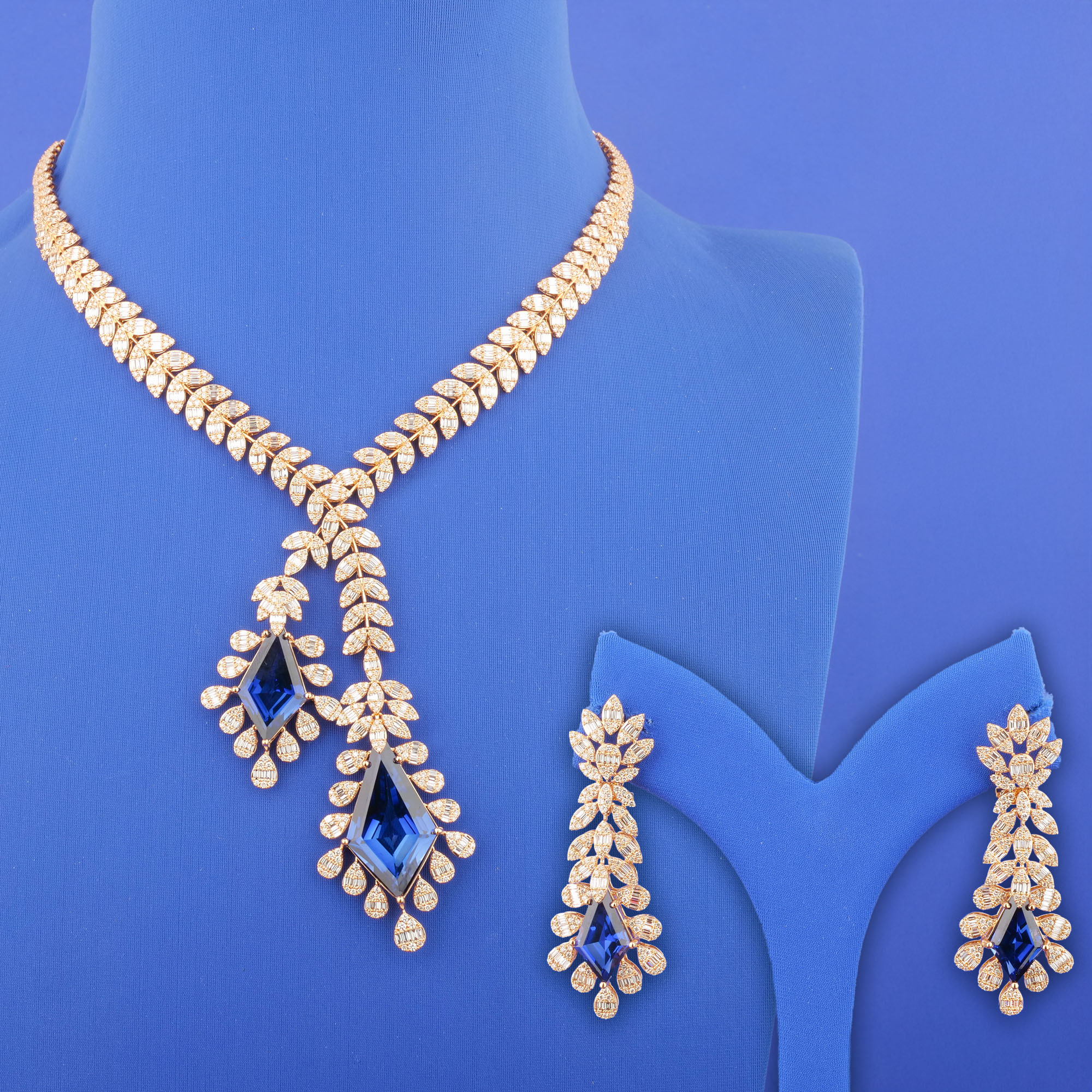 18K Rose Gold Diamond Necklace and Earrings Set w/ Stones