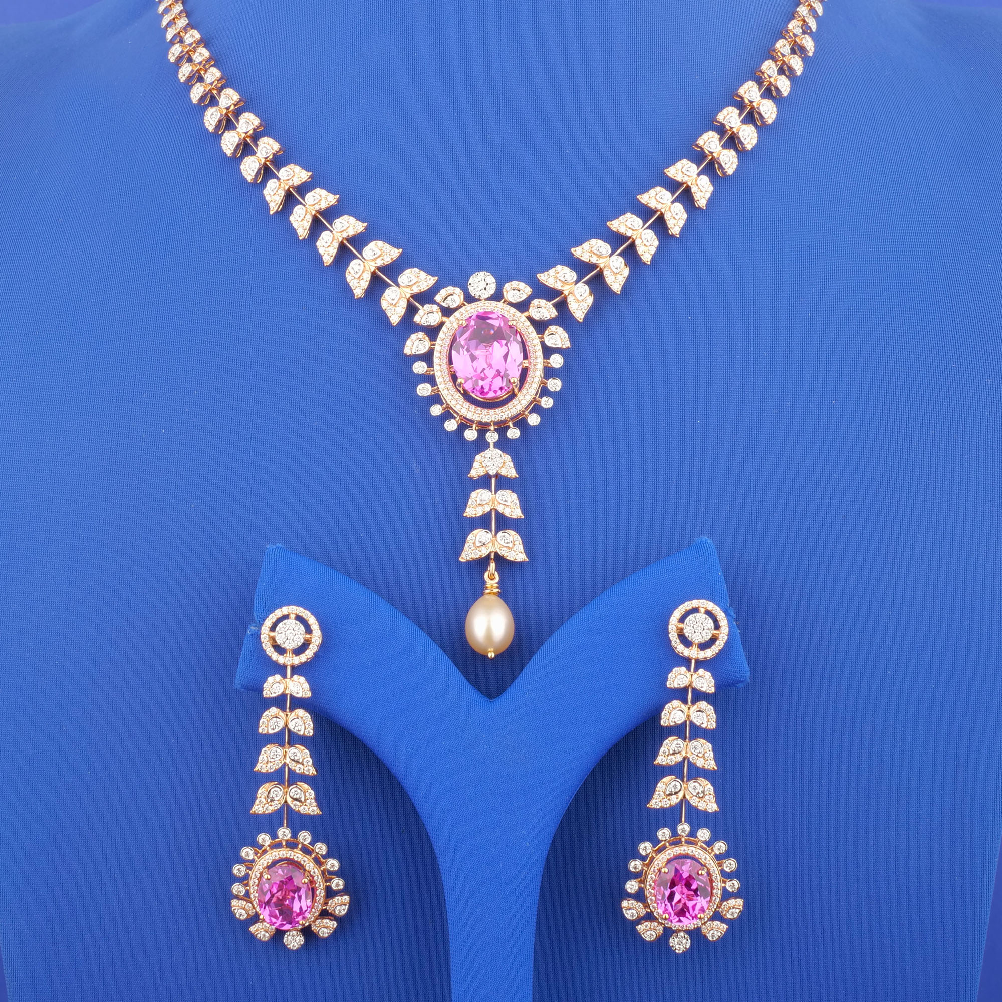 18K Rose Gold Diamond Necklace and Earrings Set (Intchg.)