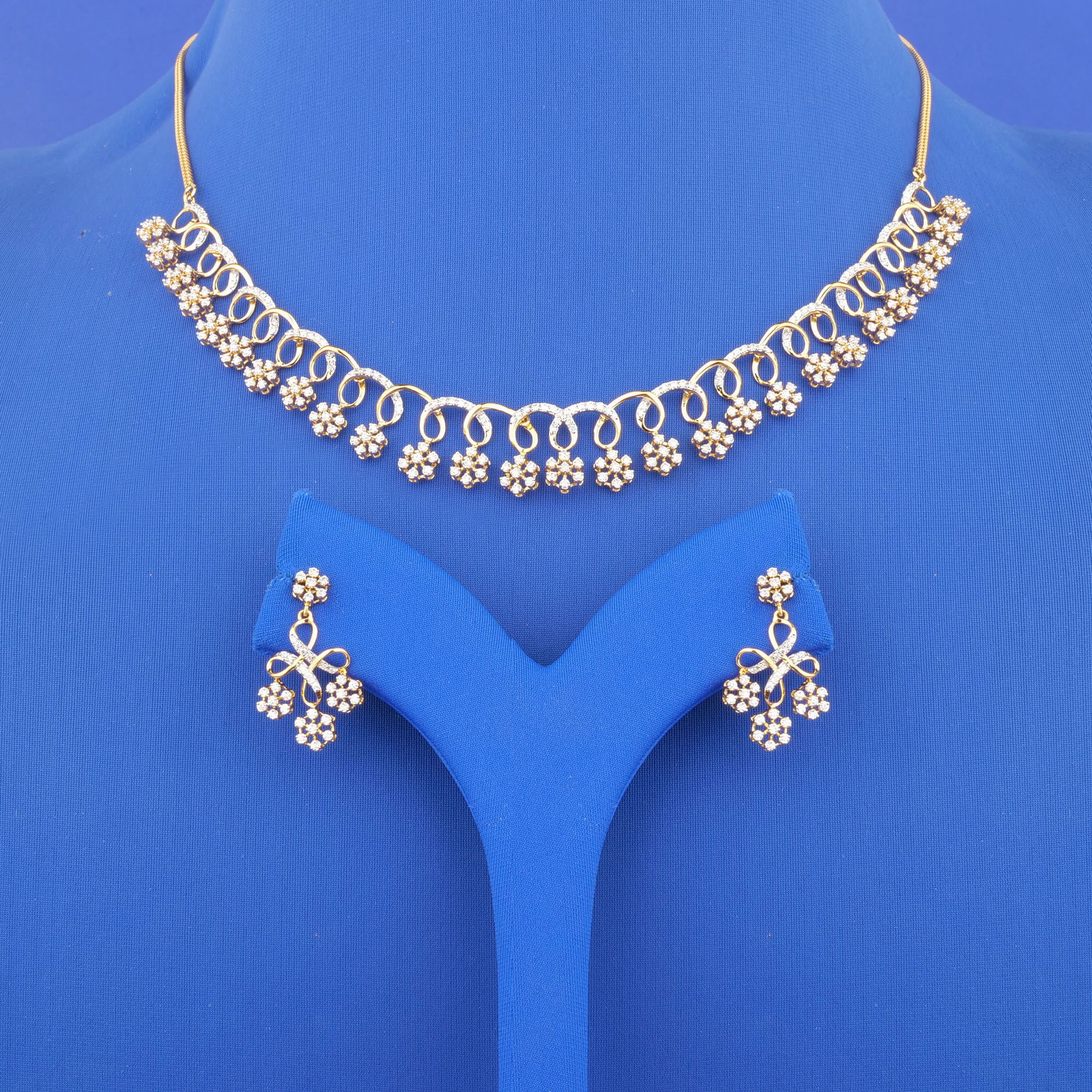 18K Yellow Gold Diamond Necklace and Earrings Set