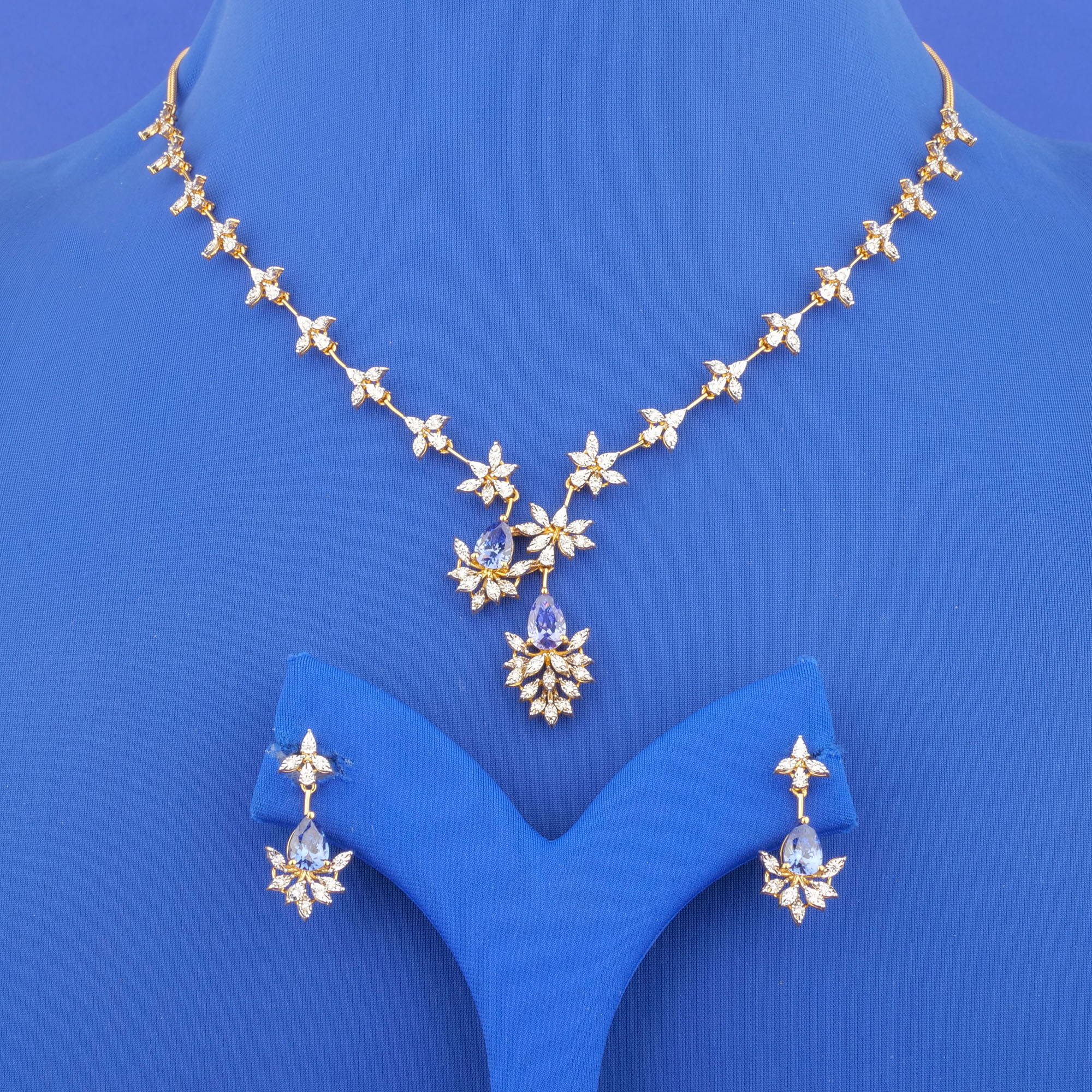18K Yellow Gold Diamond Necklace and Earrings Set w/ Blue Stones