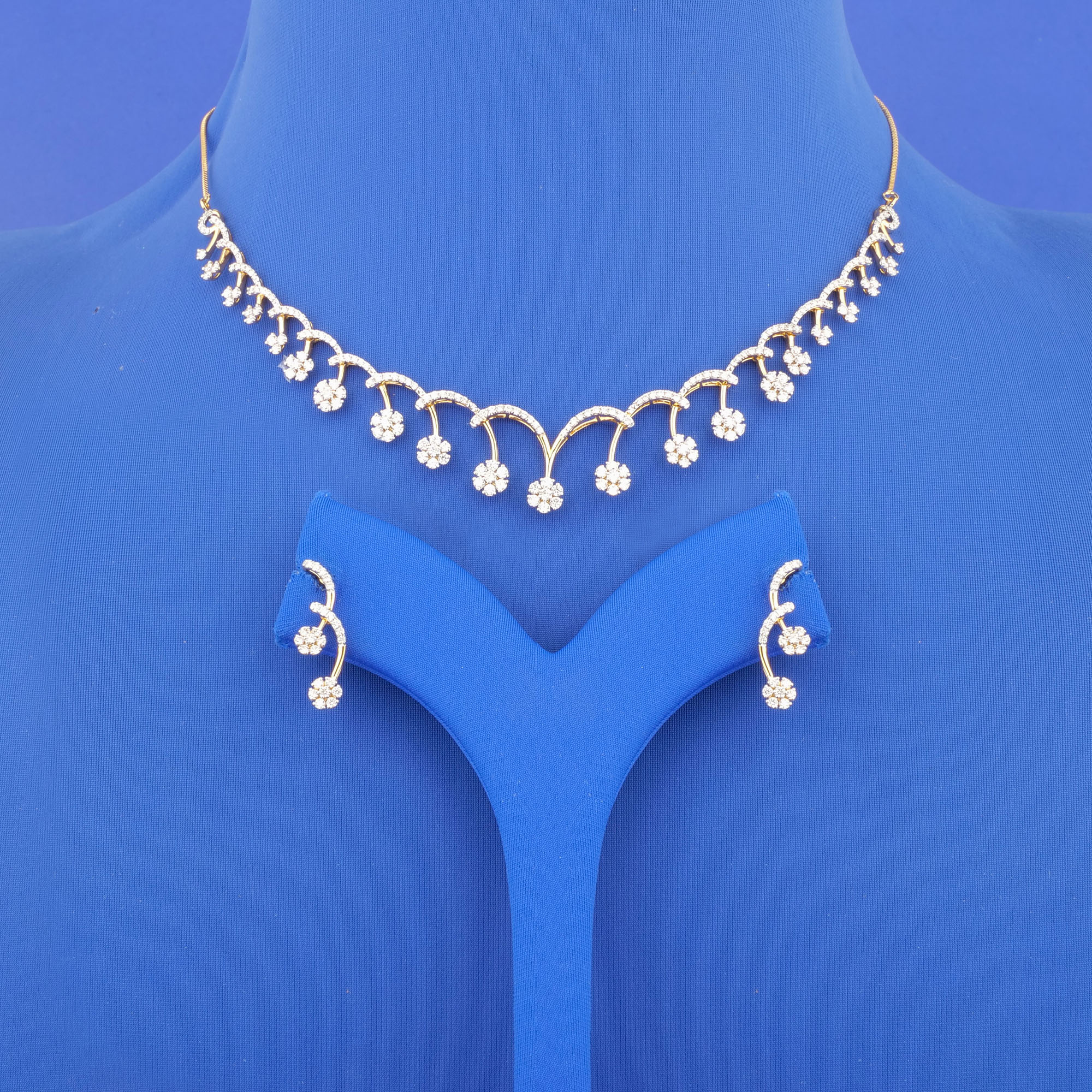 18K Yellow Gold Diamond Necklace and Earrings Set