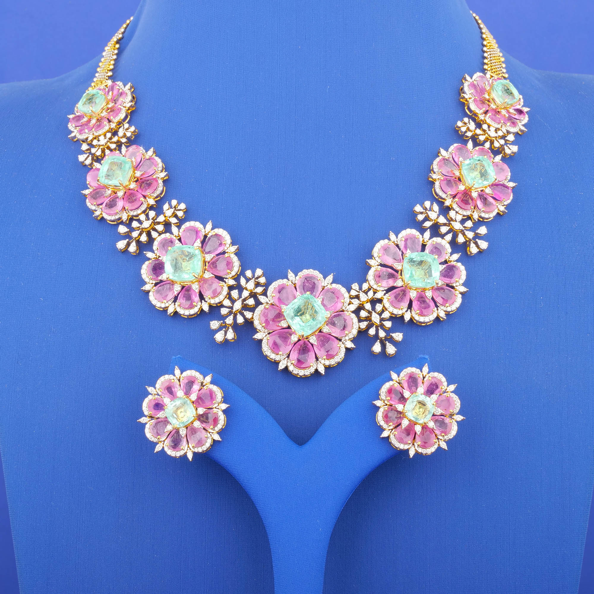 18K Yellow Gold Diamond Necklace and Earrings Set w/ Treated Rubies/Emeralds