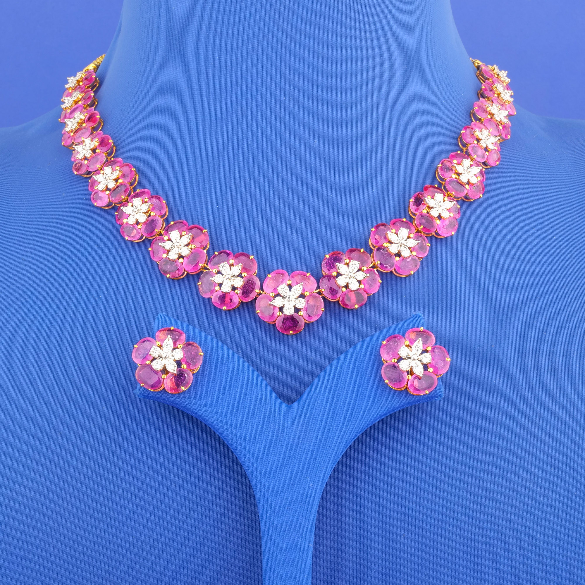 18K Yellow Gold Diamond Necklace and Earrings Set w/ Treated Rubies