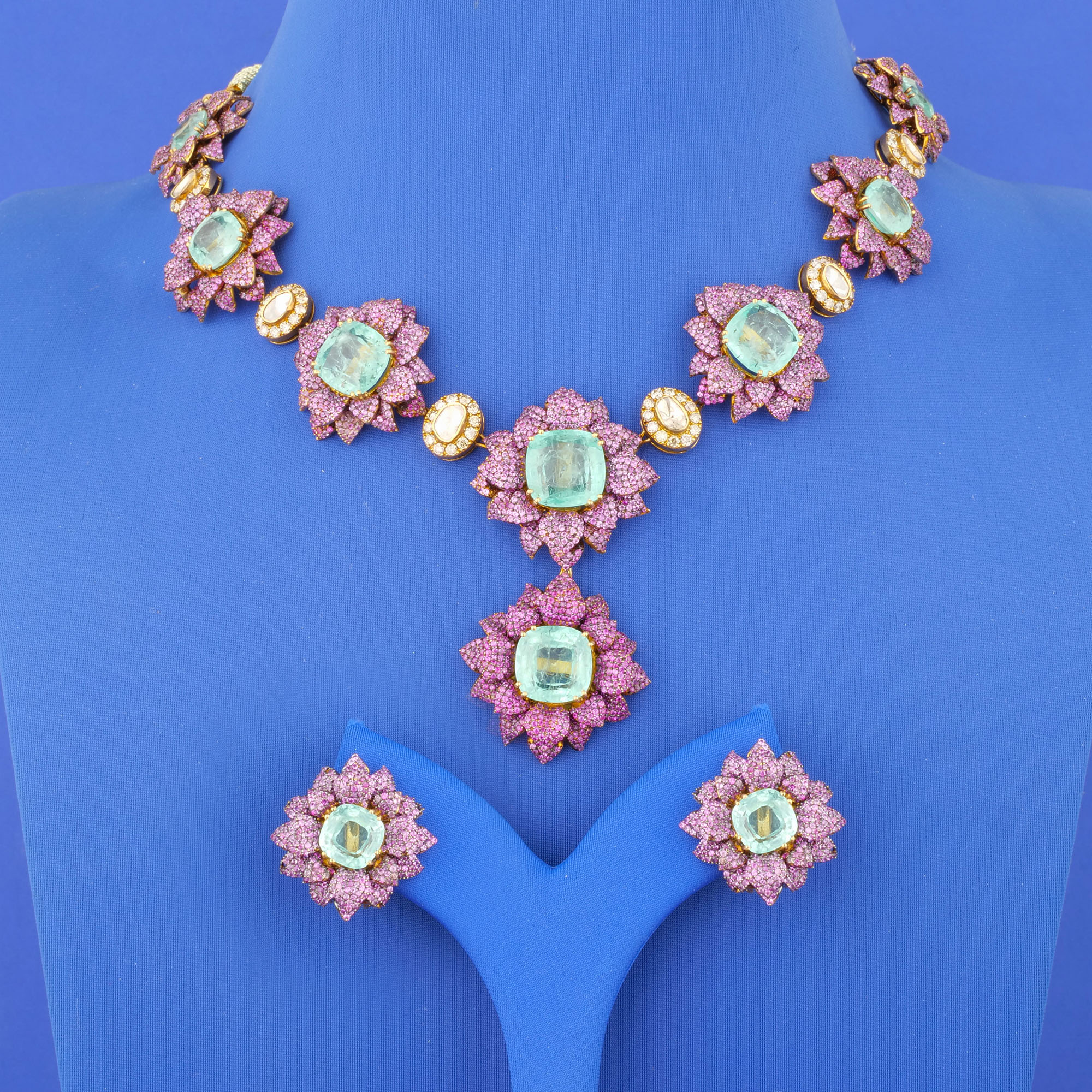 18K 'Victorian' Diamond/Polki Diamond Pink Sapphire Emerald Necklace and Earrings Set