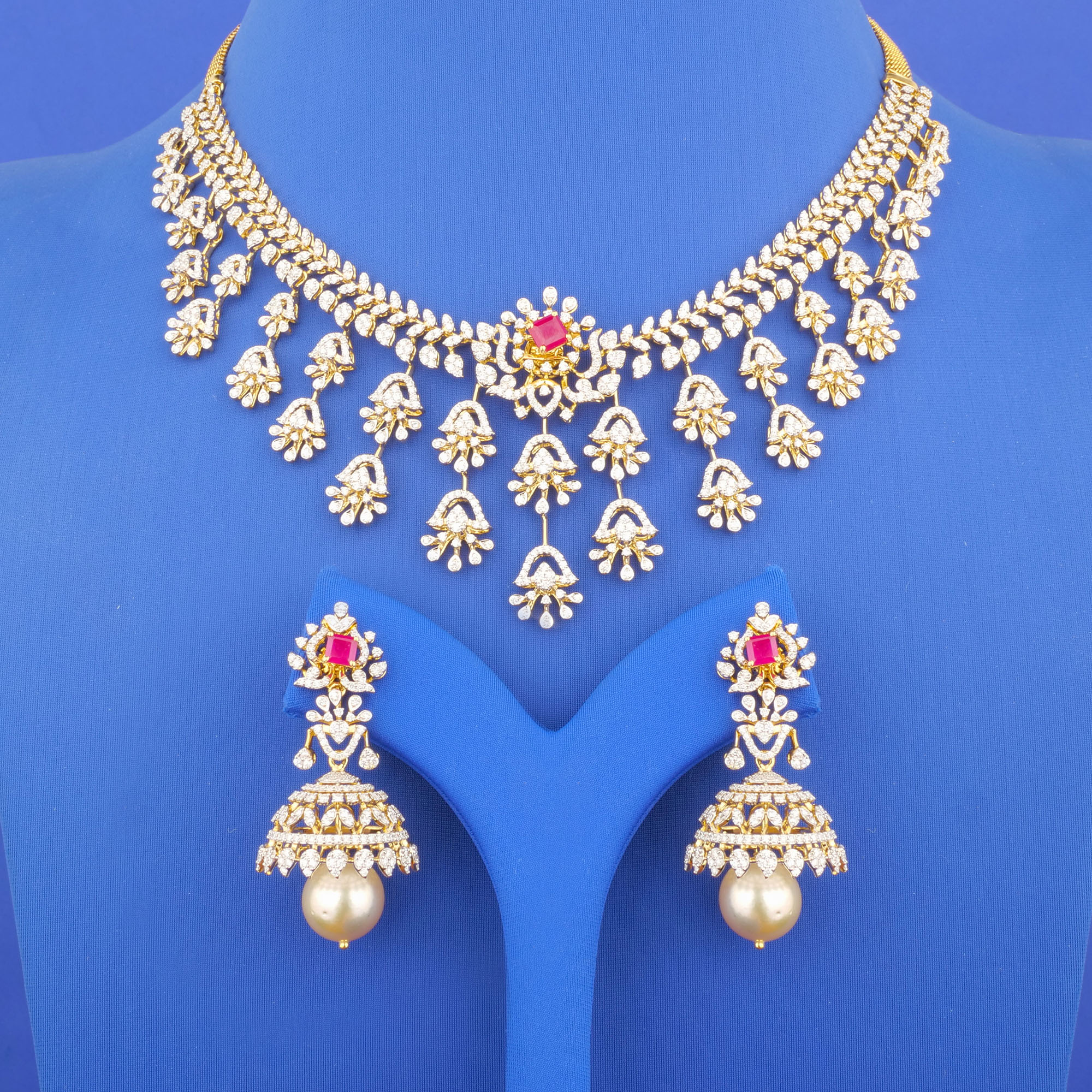 18K Yellow Gold Diamond Necklace and Earrings Set (Intchg.)