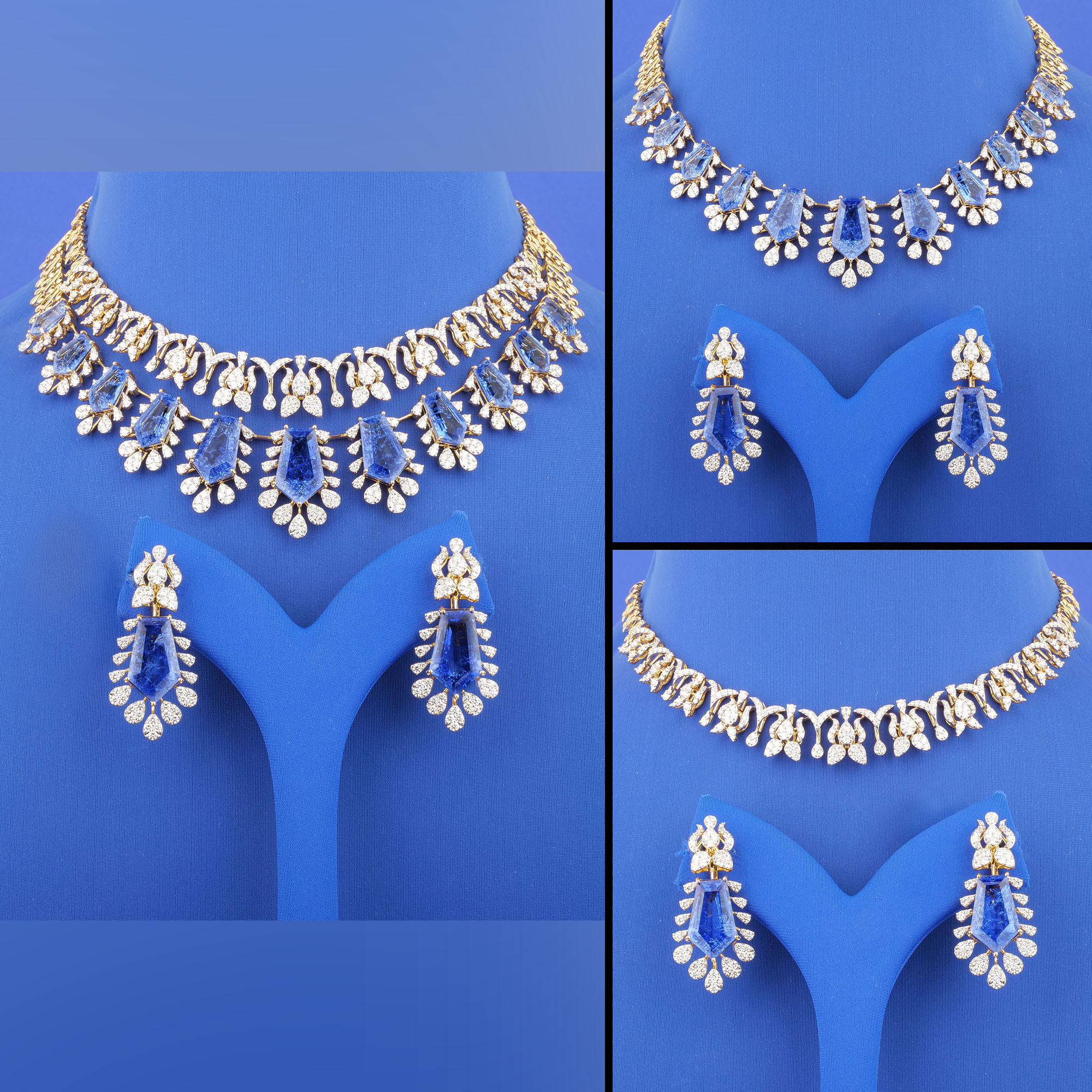 18K Yellow Gold Diamond Blue Sapphire Necklace and Earrings Set (Detachable)