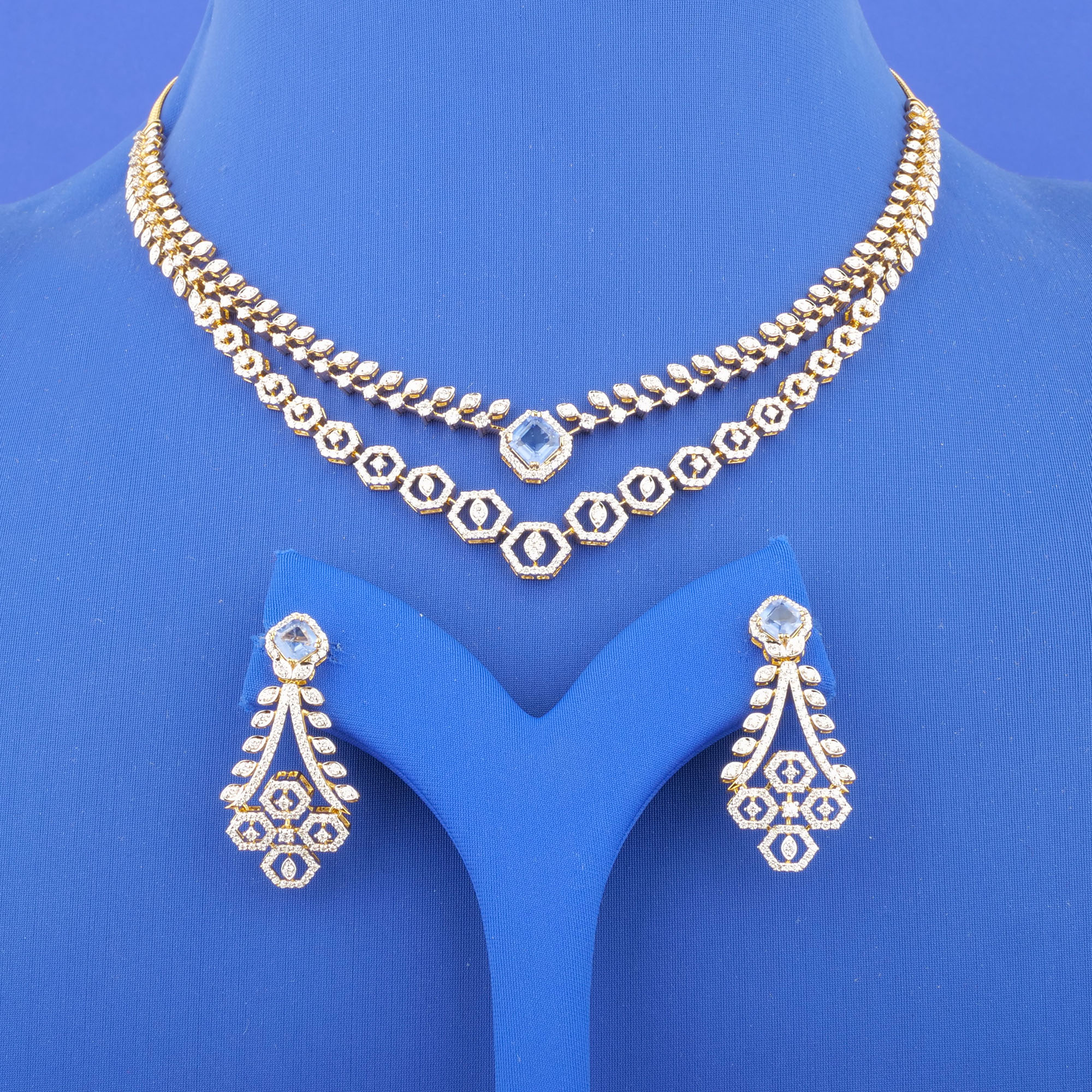 18K Yellow Gold Diamond Necklace and Earrings Set