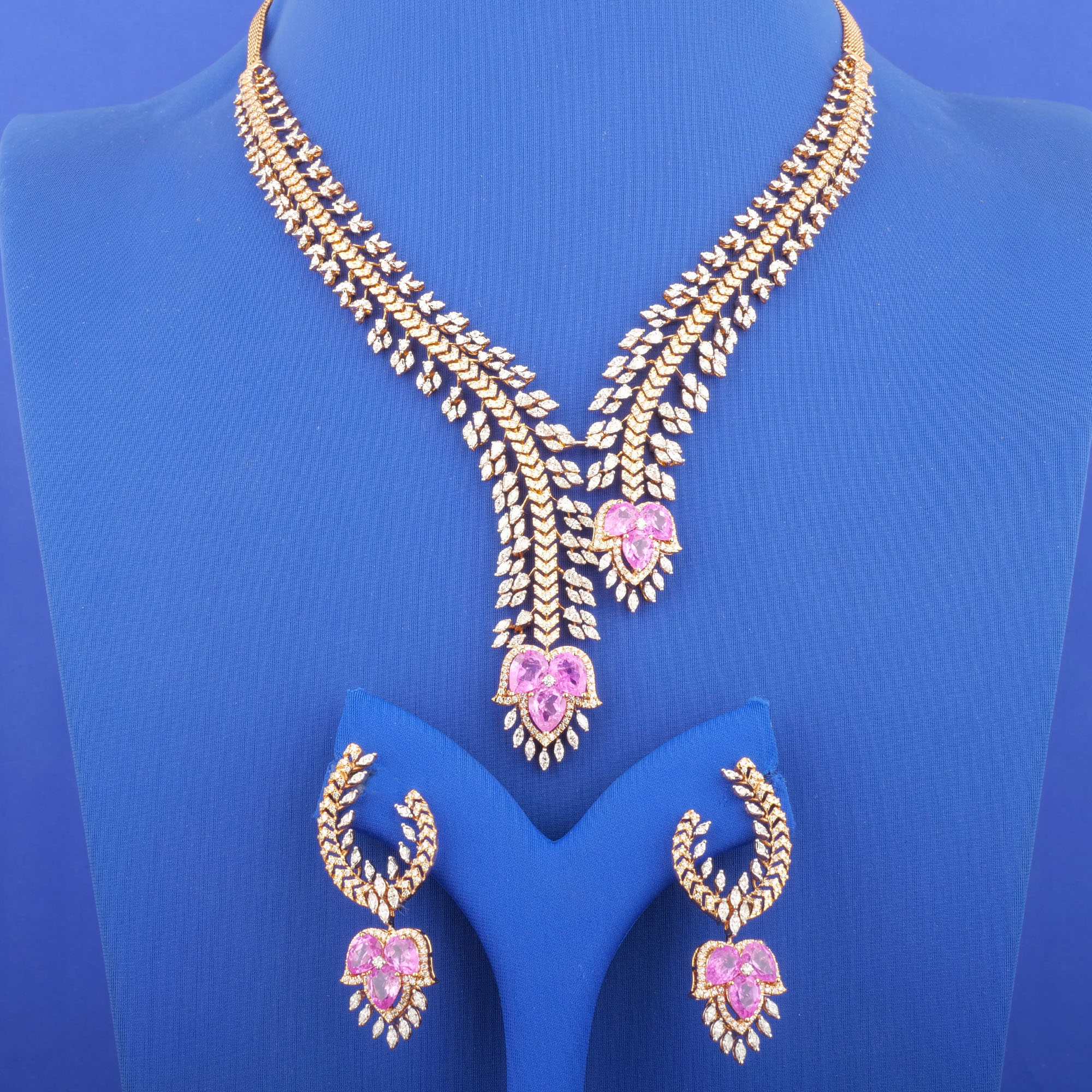 18K Rose Gold Diamond Pink Sapphire Necklace and Earrings Set