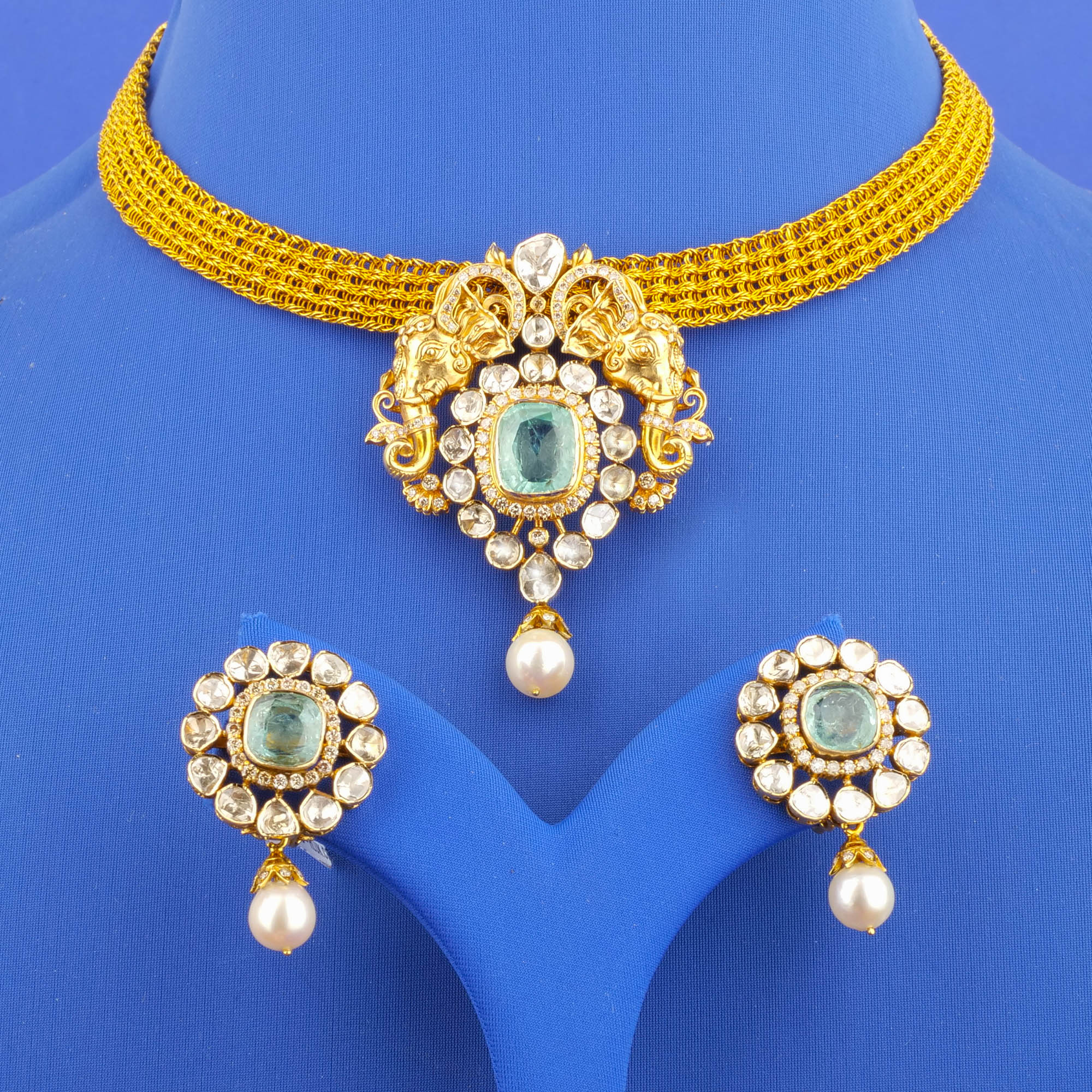 18K 'Victorian' Diamond/Polki Diamond Treated Emerald South Sea Pearl Necklace and Earrings Set