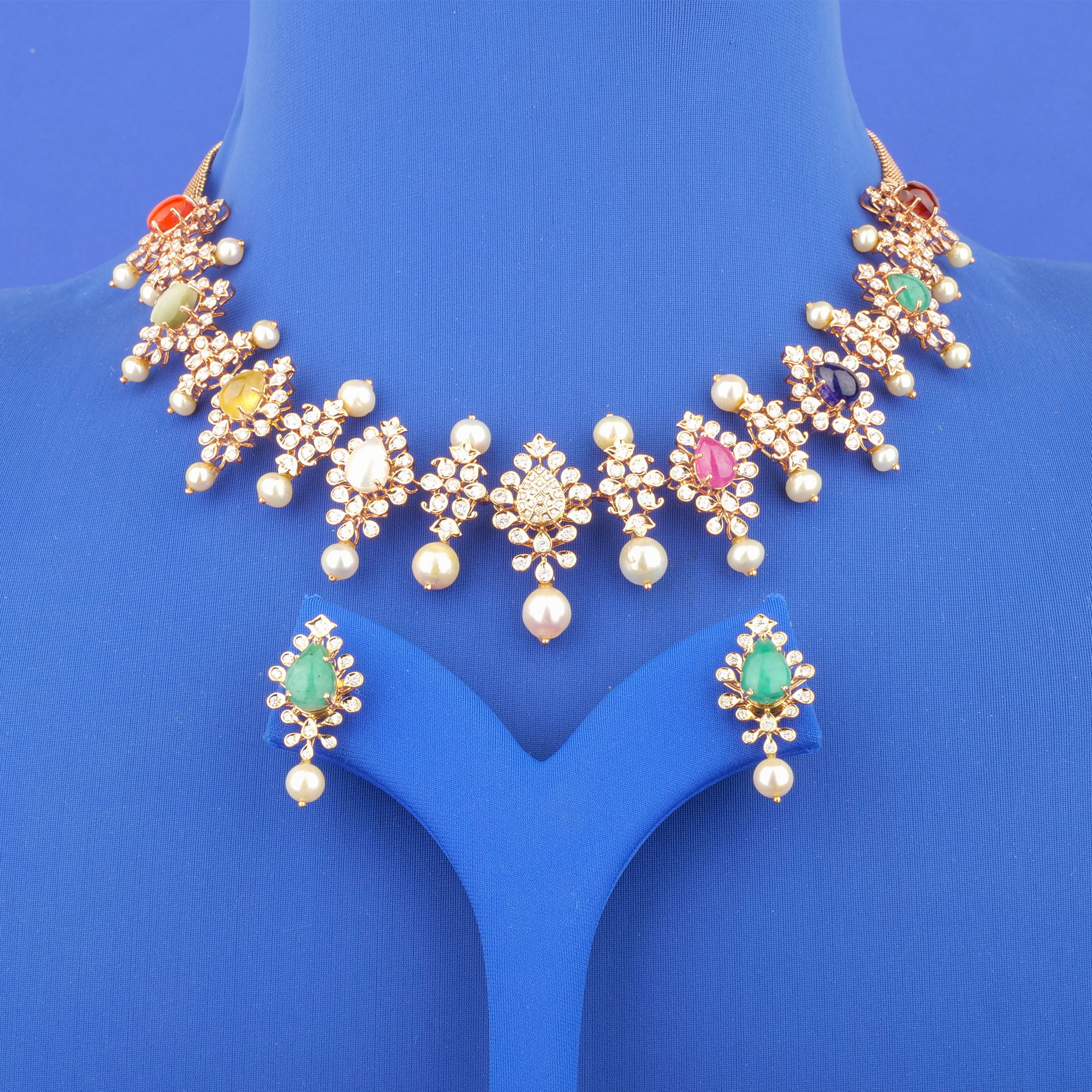 18K Gold Diamond Navratna Necklace and Earrings Set