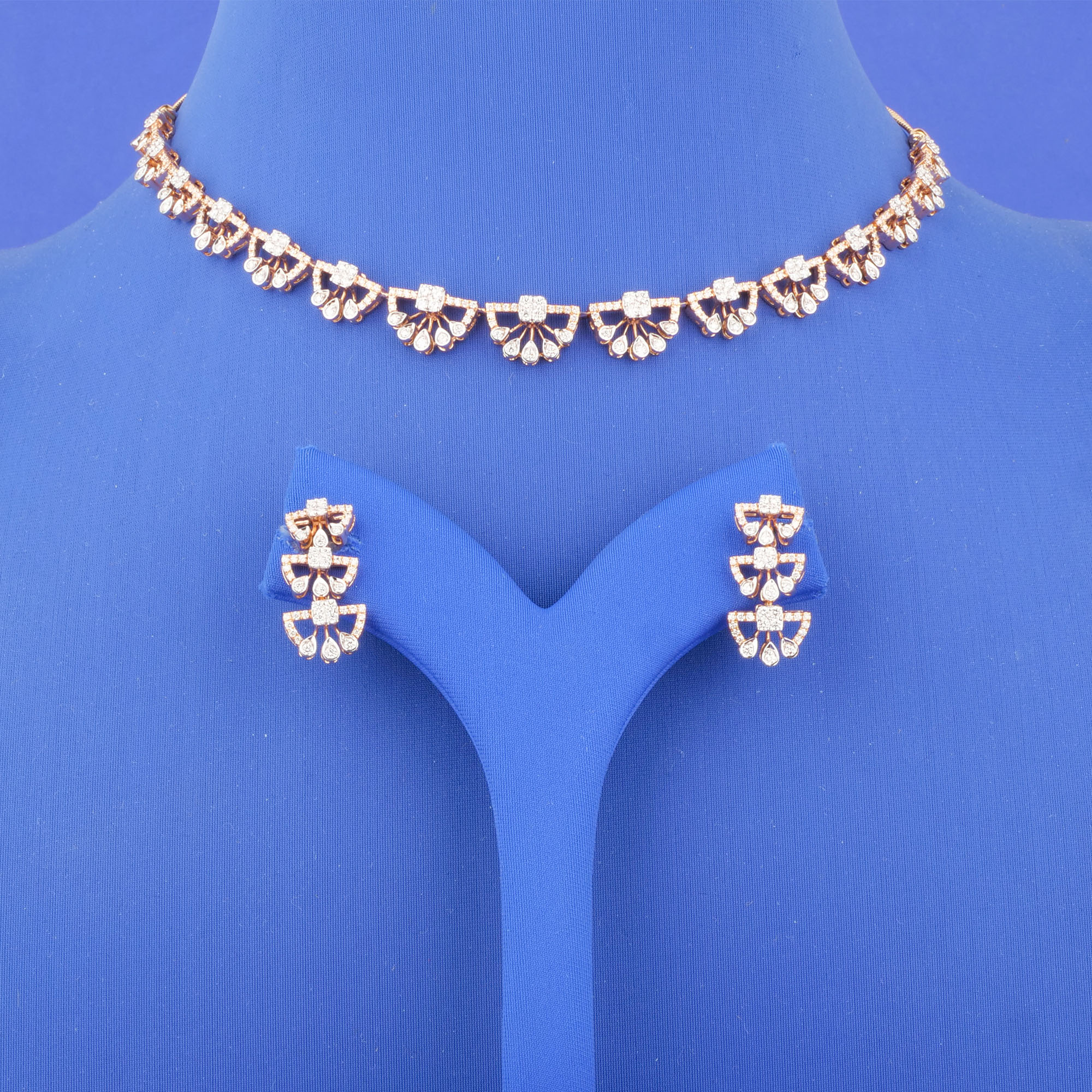 18K Rose Gold & White Gold Diamond Necklace and Earrings Set