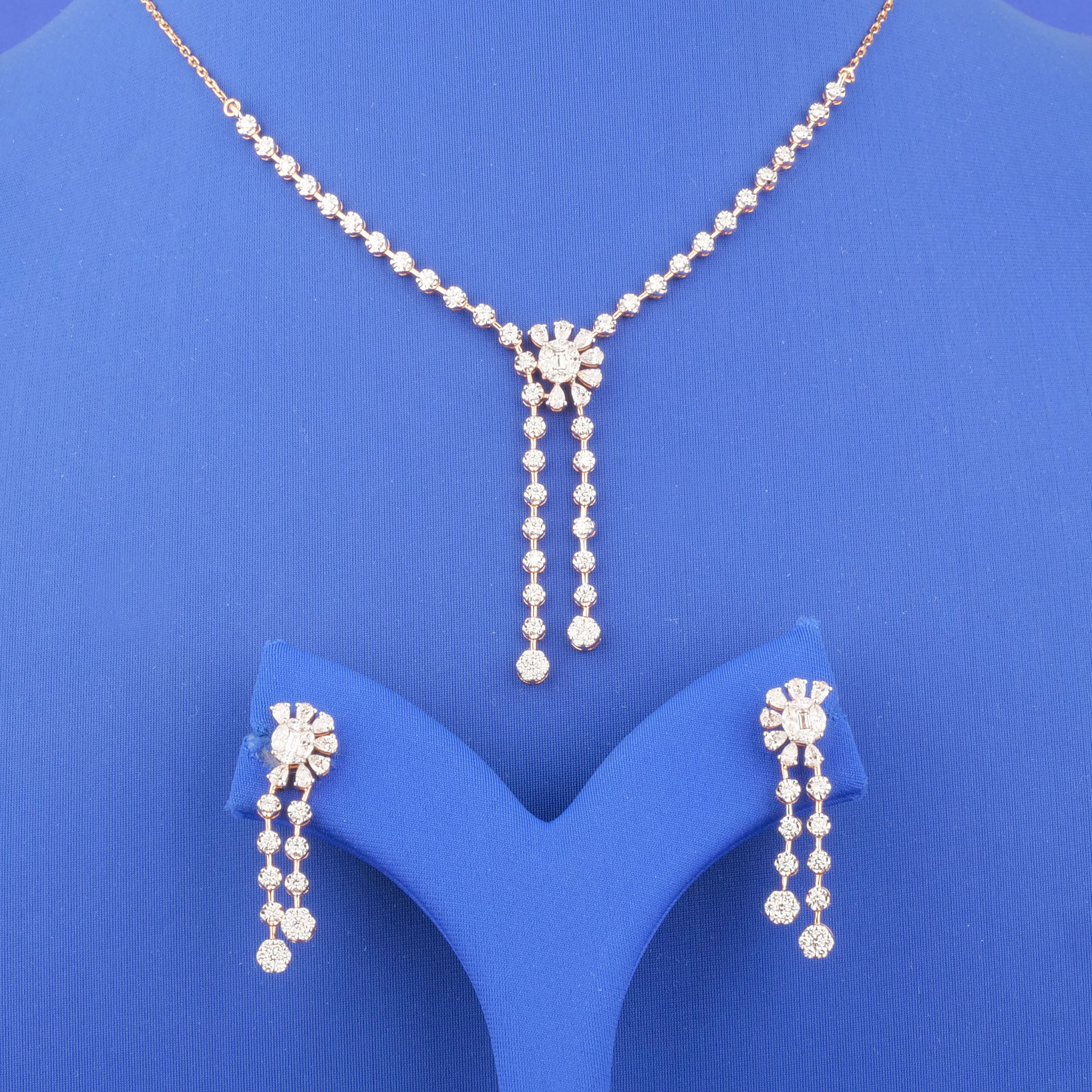 18K Rose Gold Diamond Necklace and Earrings Set