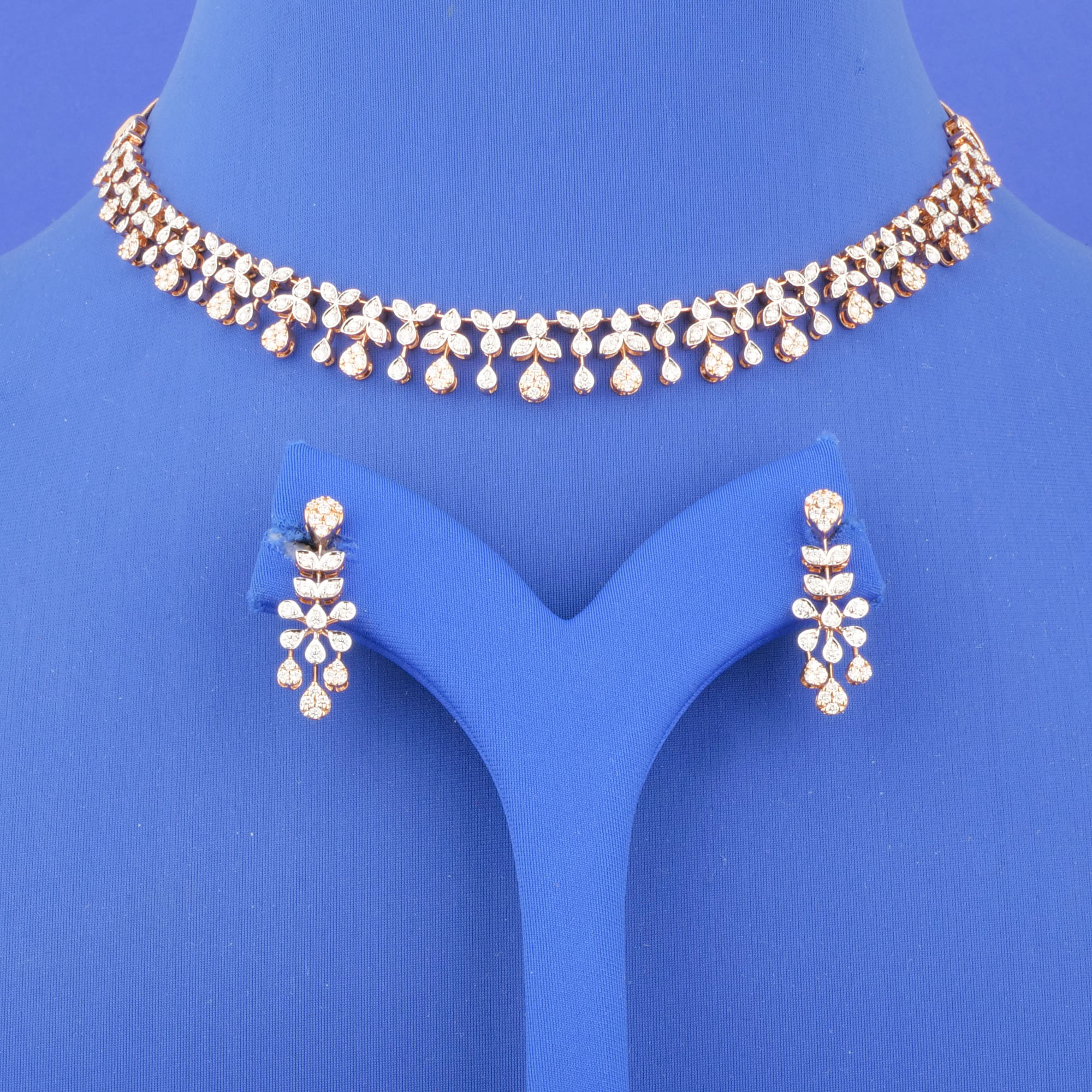 18K Rose Gold & White Gold Diamond Necklace and Earrings Set