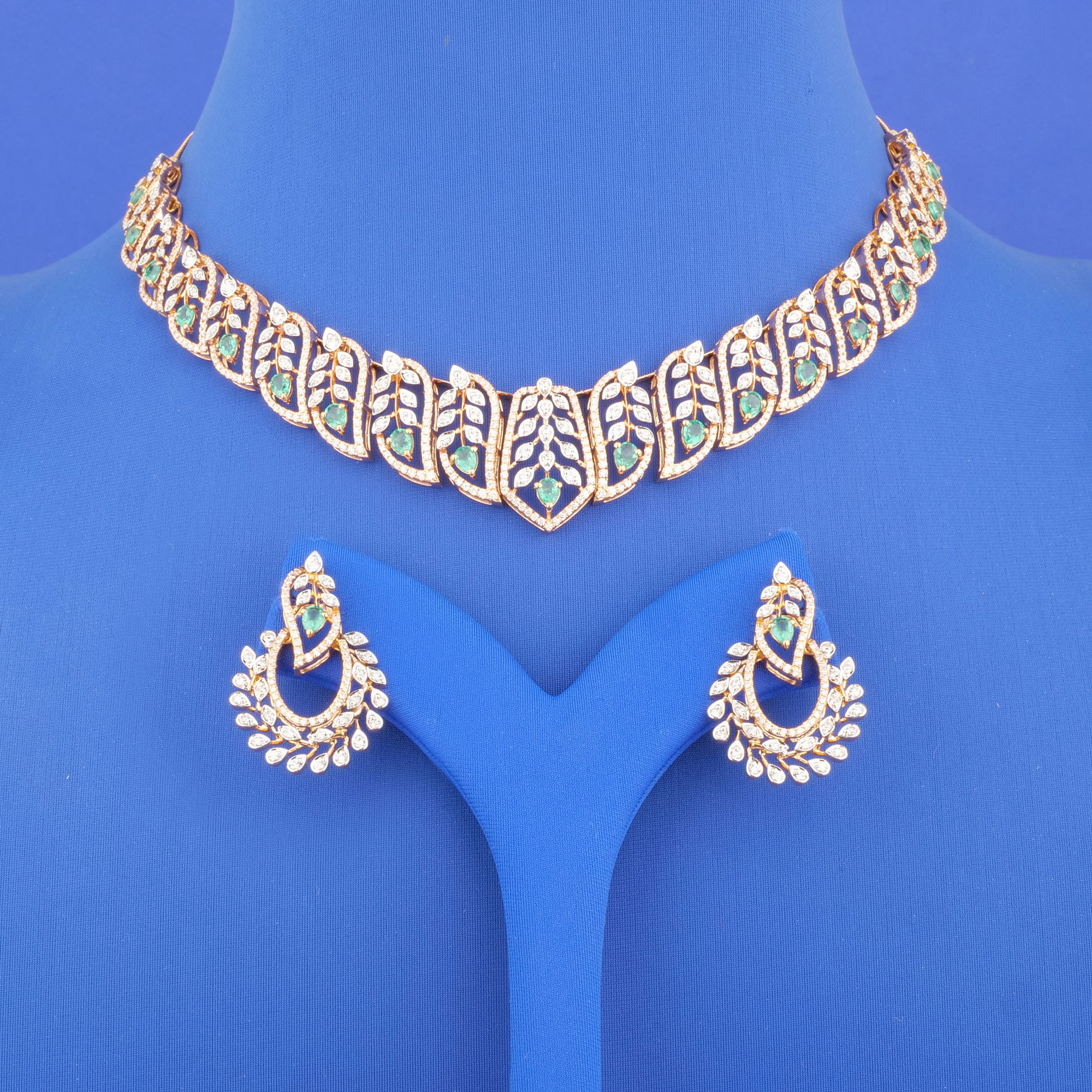 18K Rose Gold Diamond Emerald Necklace and Earrings Set