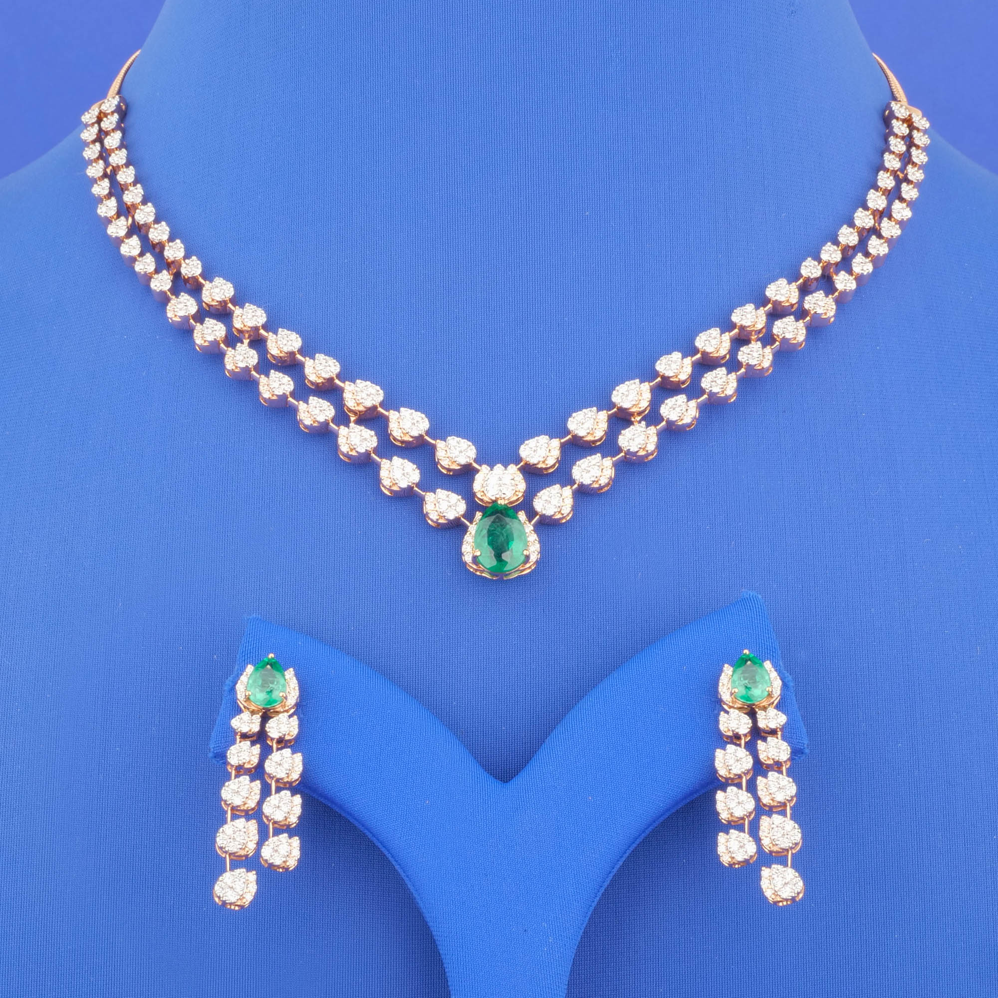 18K Rose Gold Diamond Emerald Necklace and Earrings Set