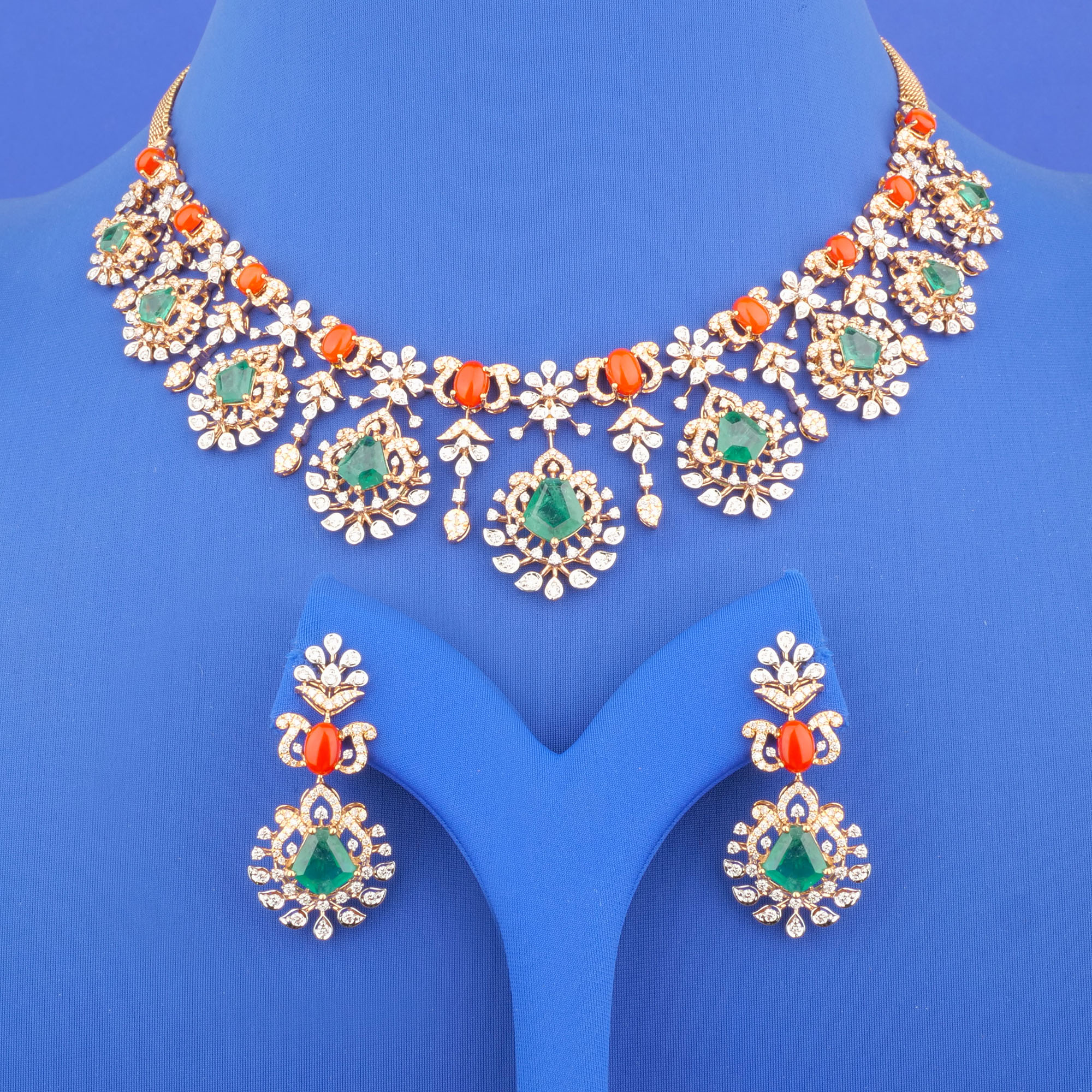 18K Rose Gold Diamond Emerald Coral Necklace and Earrings Set