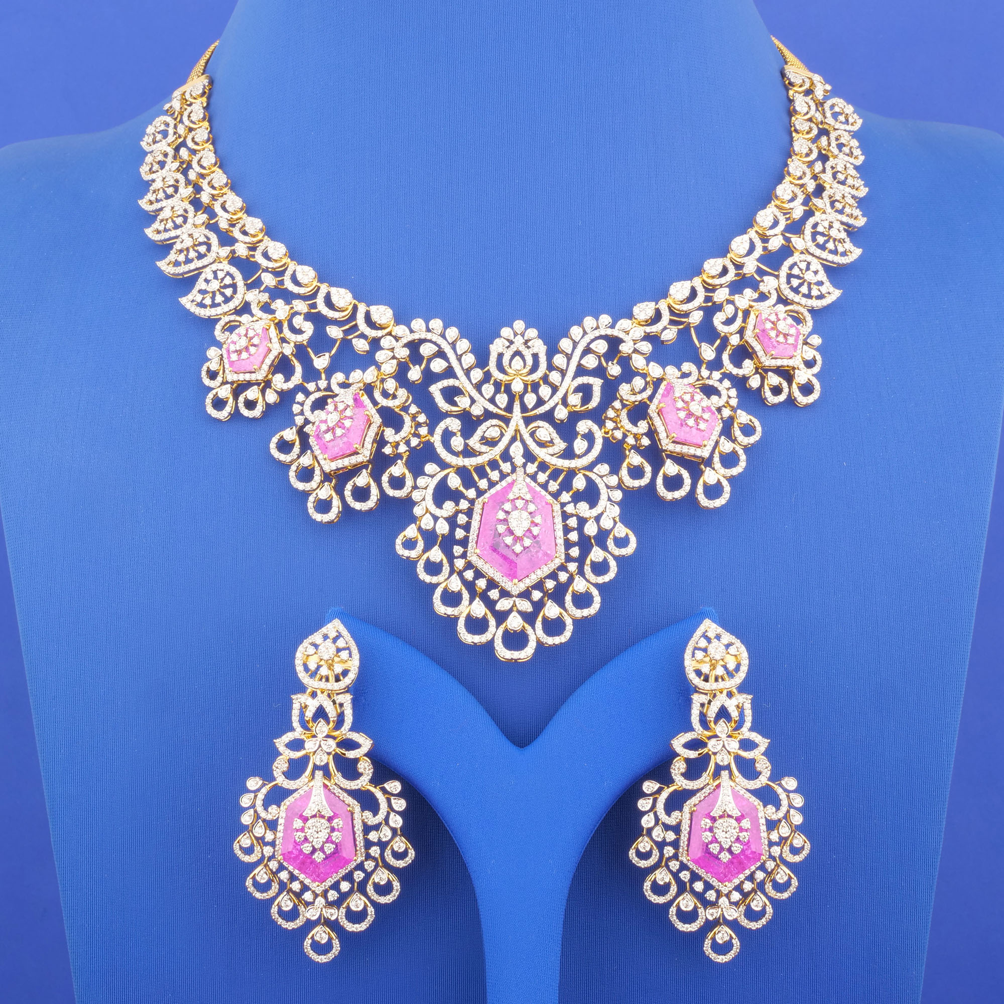 18K Yellow Gold Diamond Necklace and Earrings Set w/ Tourmalines