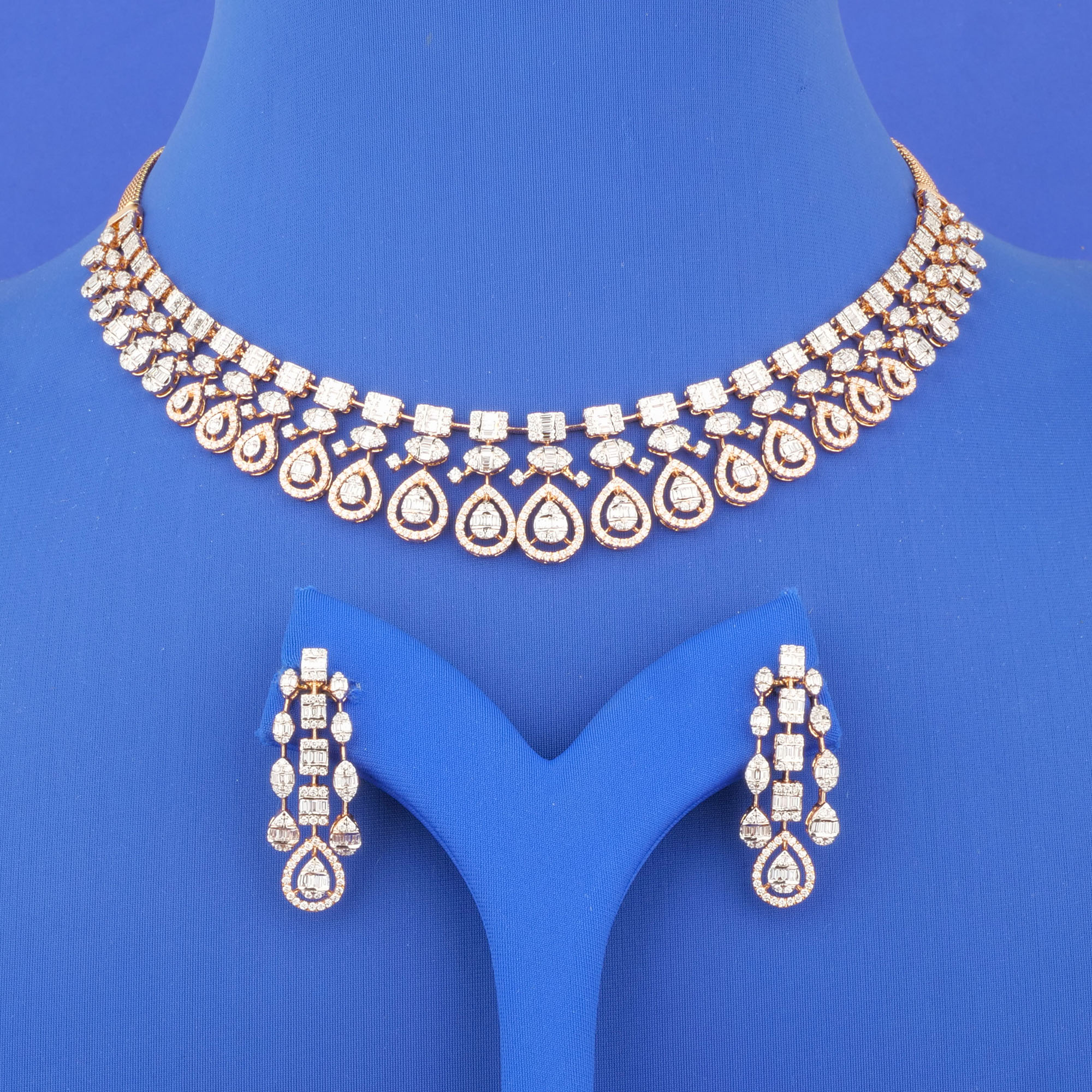 18K Rose Gold & White Gold Diamond Necklace and Earrings Set