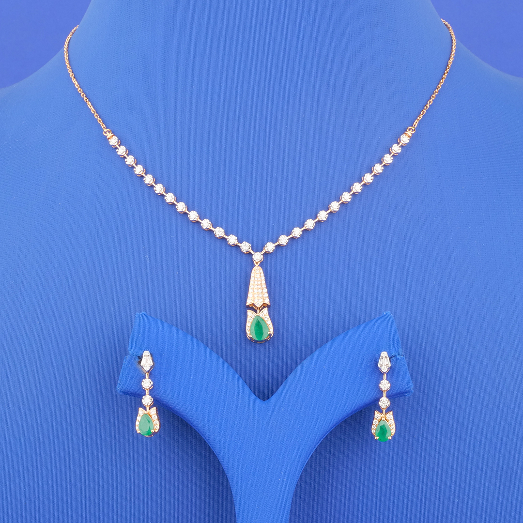 18K Rose Gold Diamond Emerald Necklace and Earrings Set