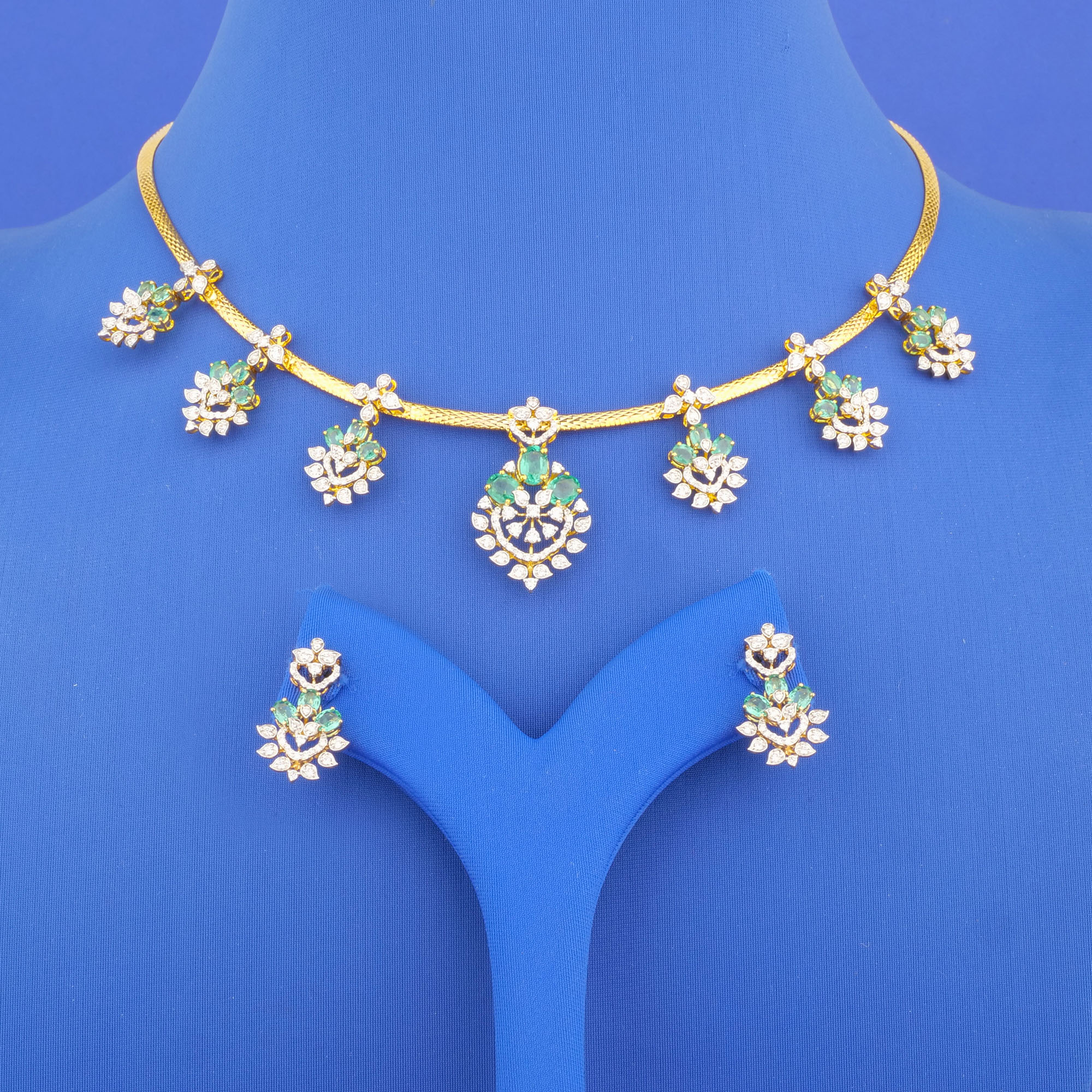 18K Yellow Gold Diamond Necklace and Earrings Set w/ Stones (Cat. #7)