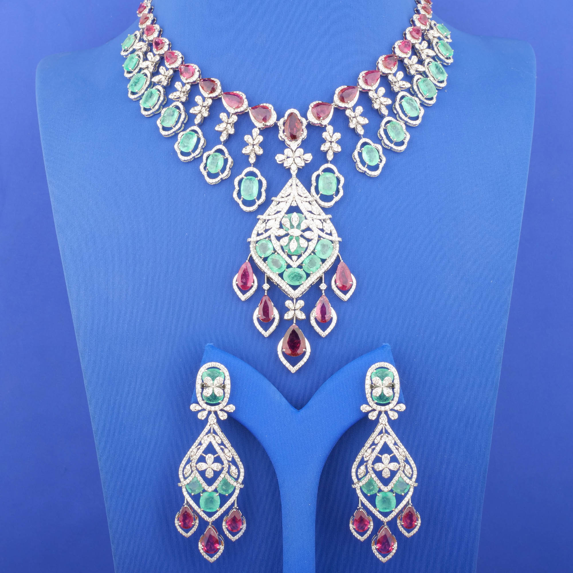 18K White Gold Diamond Emerald Tourmaline Necklace and Earrings Set
