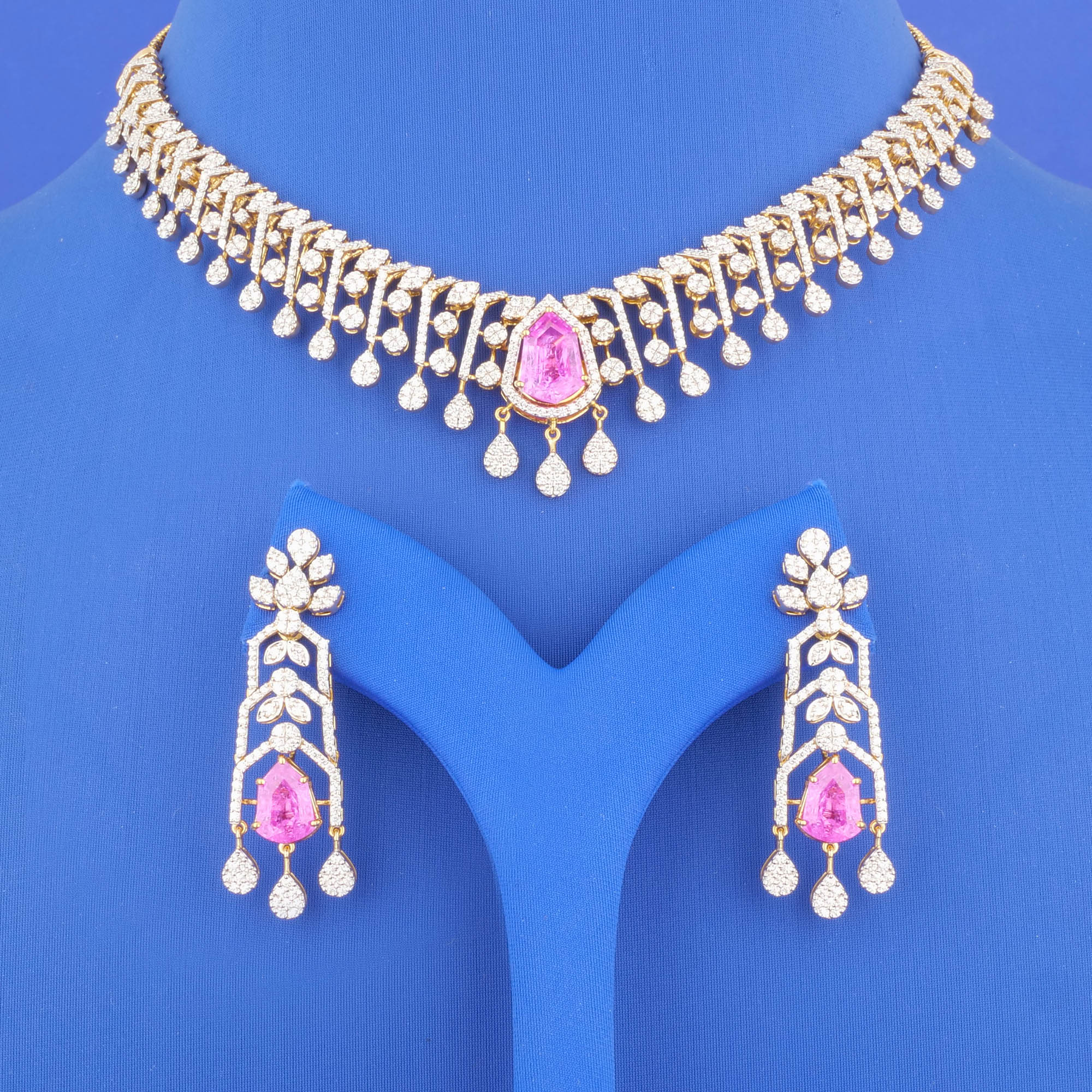 18K Yellow Gold Diamond Necklace and Earrings Set (Intchg.)