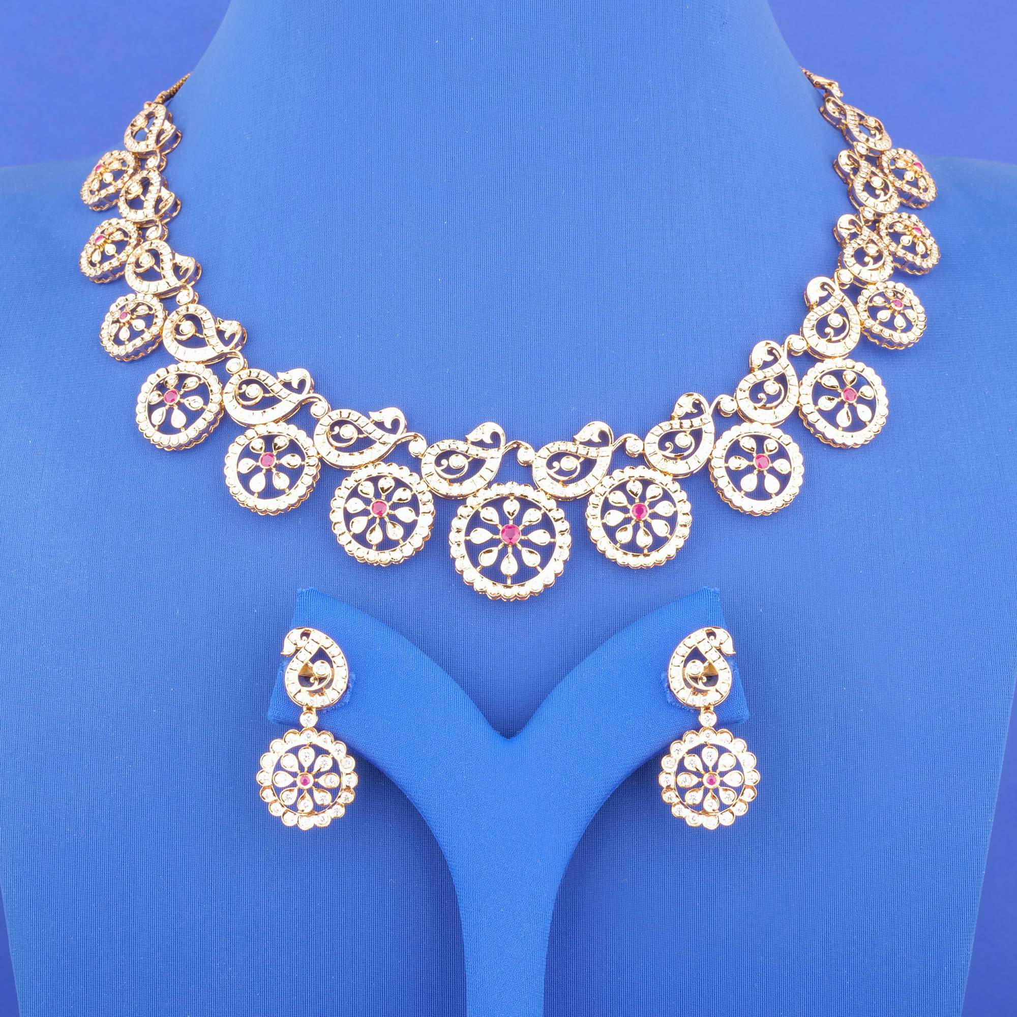 18K Gold Diamond Ruby Necklace and Earrings Set