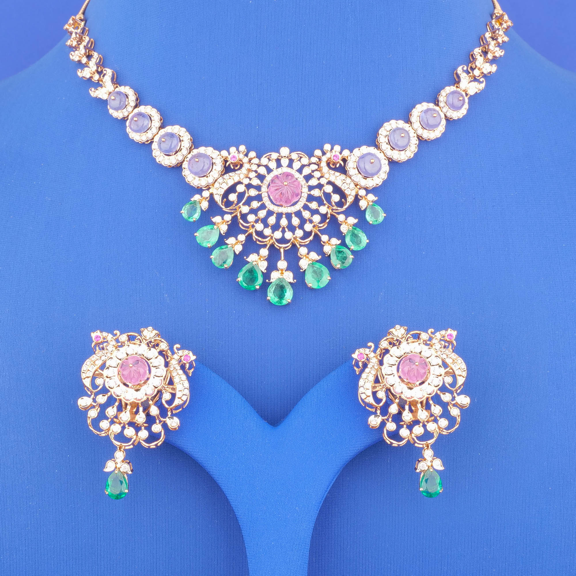 18K Gold Diamond Tourmaline Tanzanite Emerald Necklace and Earrings Set