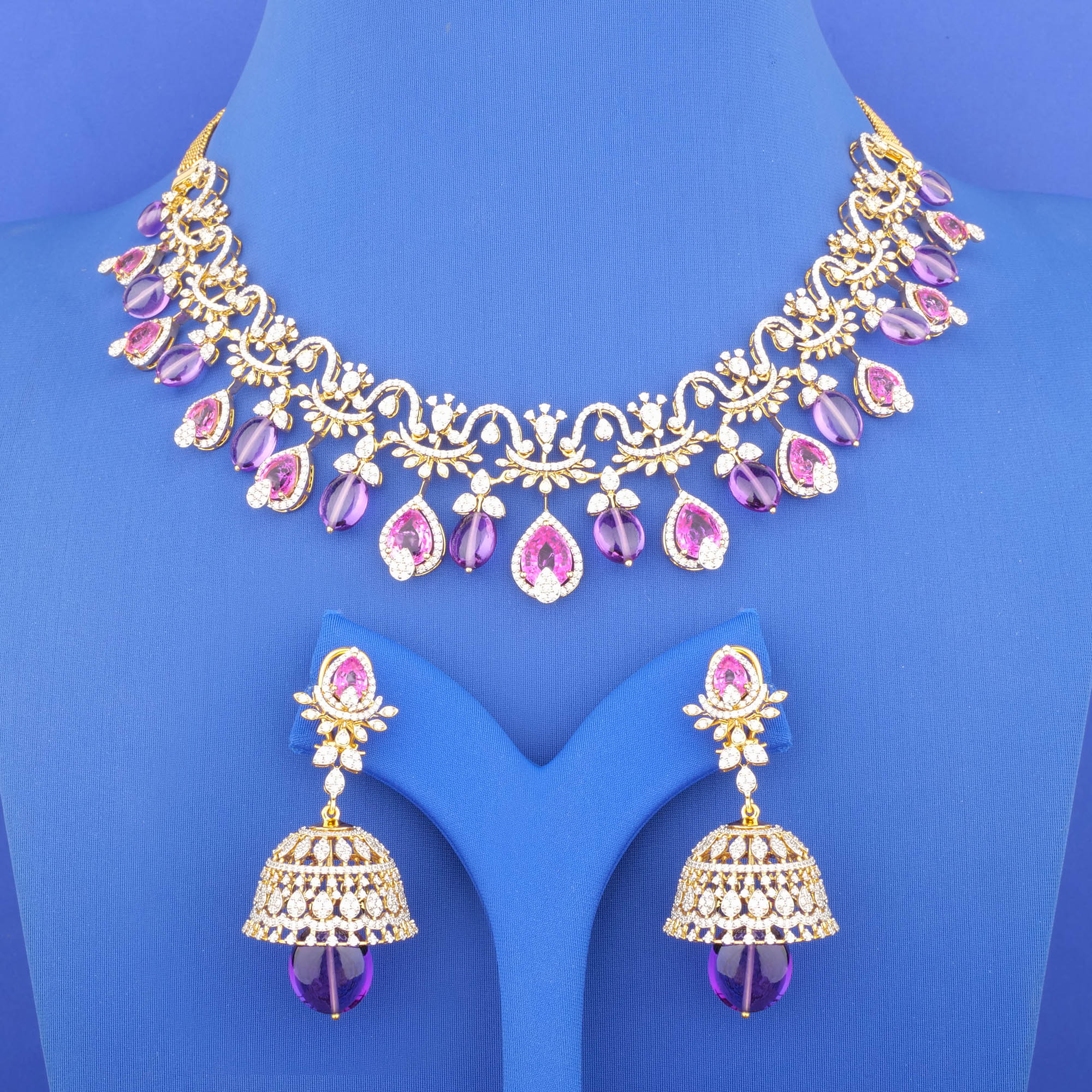 18K Yellow Gold Diamond Amethyst Tourmaline Necklace and Earrings Set