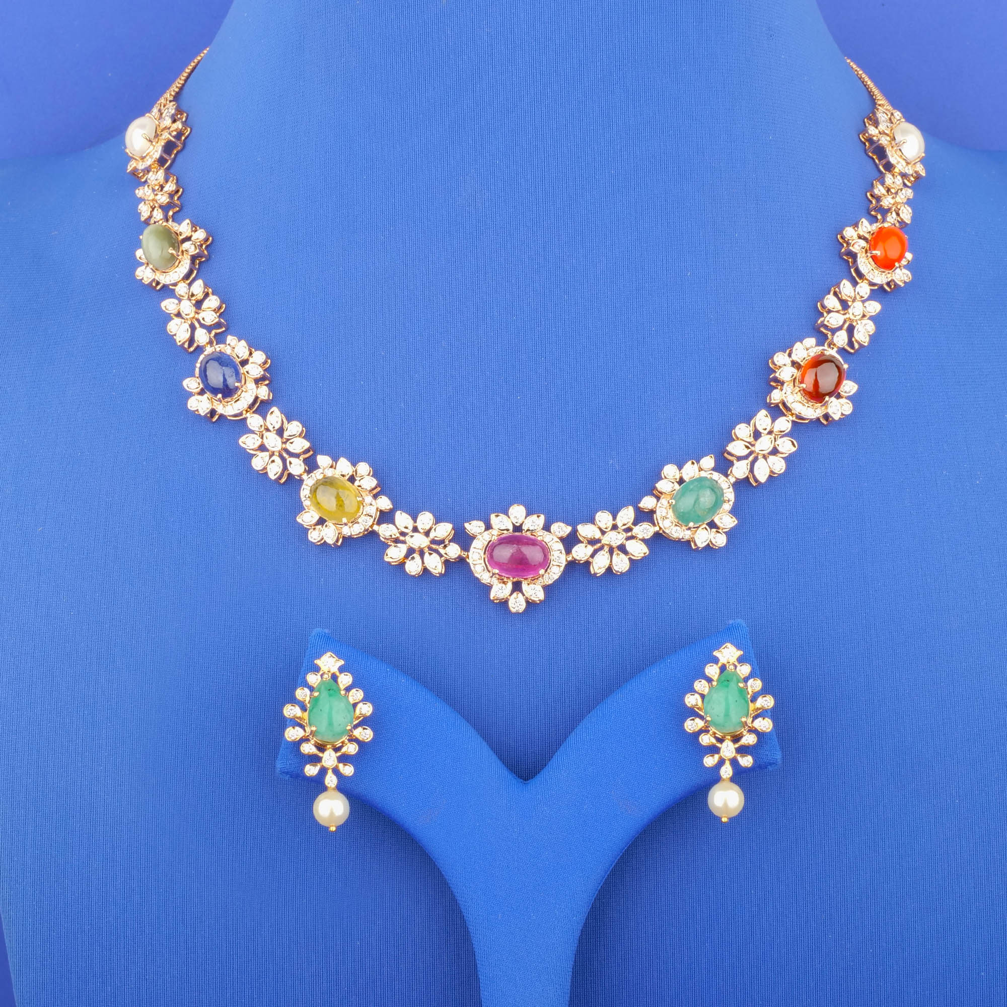18K Gold Diamond Navratna Necklace and Earrings Set