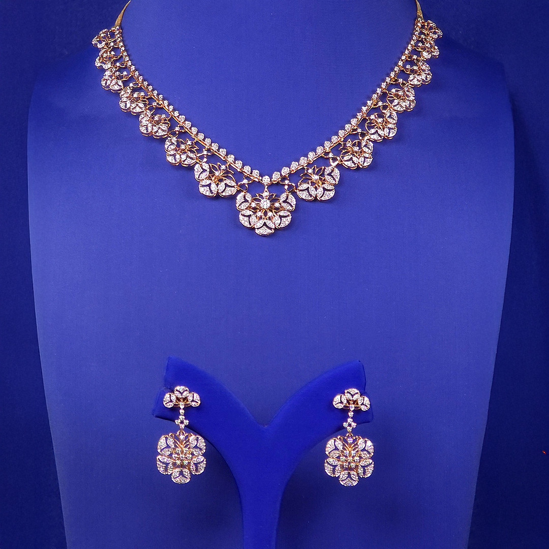 18K Yellow Gold Diamond Necklace and Earrings Set