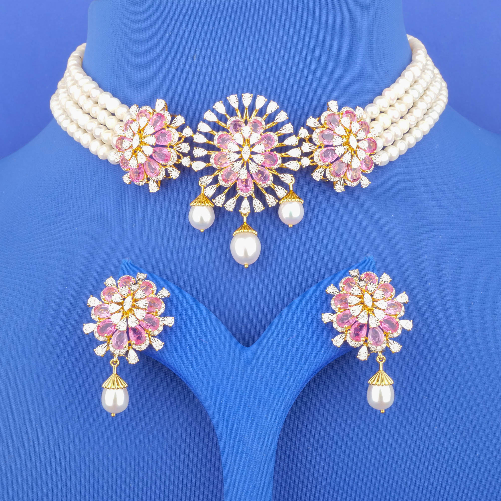 18K Yellow Gold Diamond Tourmaline Pearl Necklace and Earrings Set
