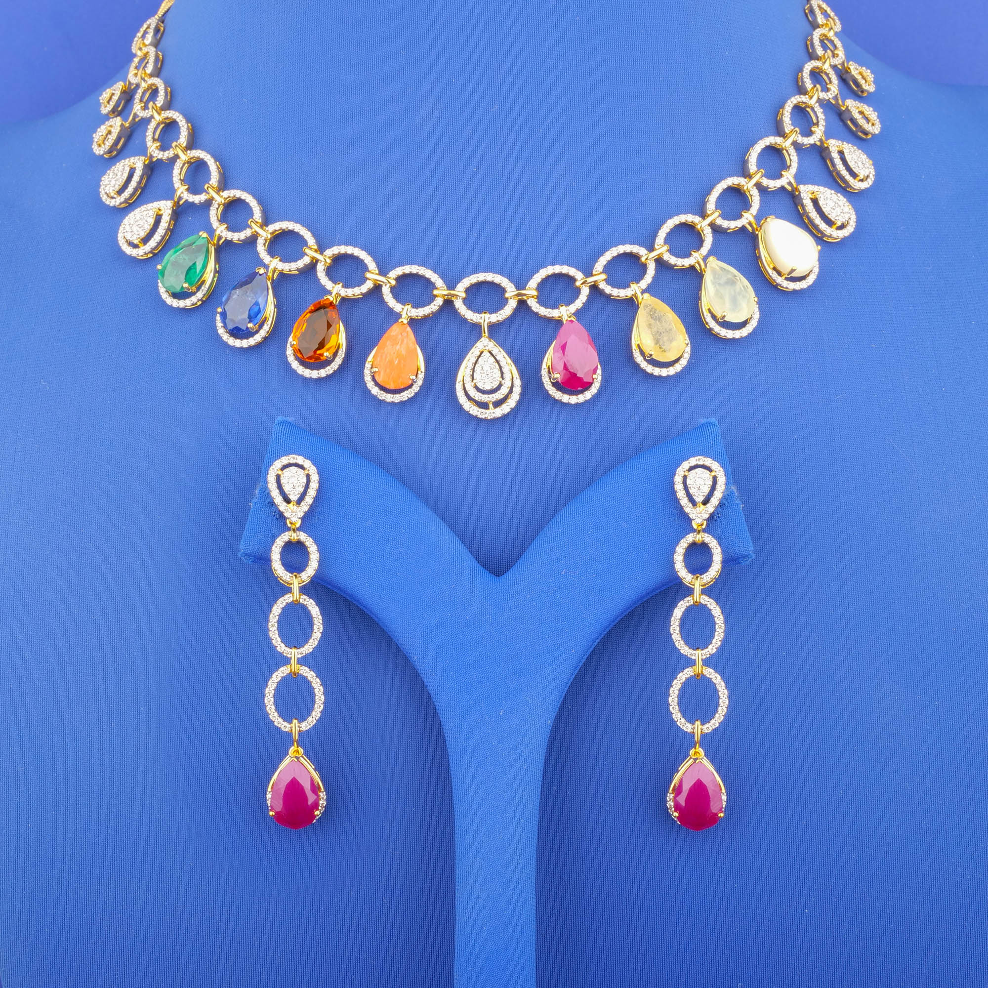 18K Yellow Gold Diamond Navaratna Necklace and Earrings Set